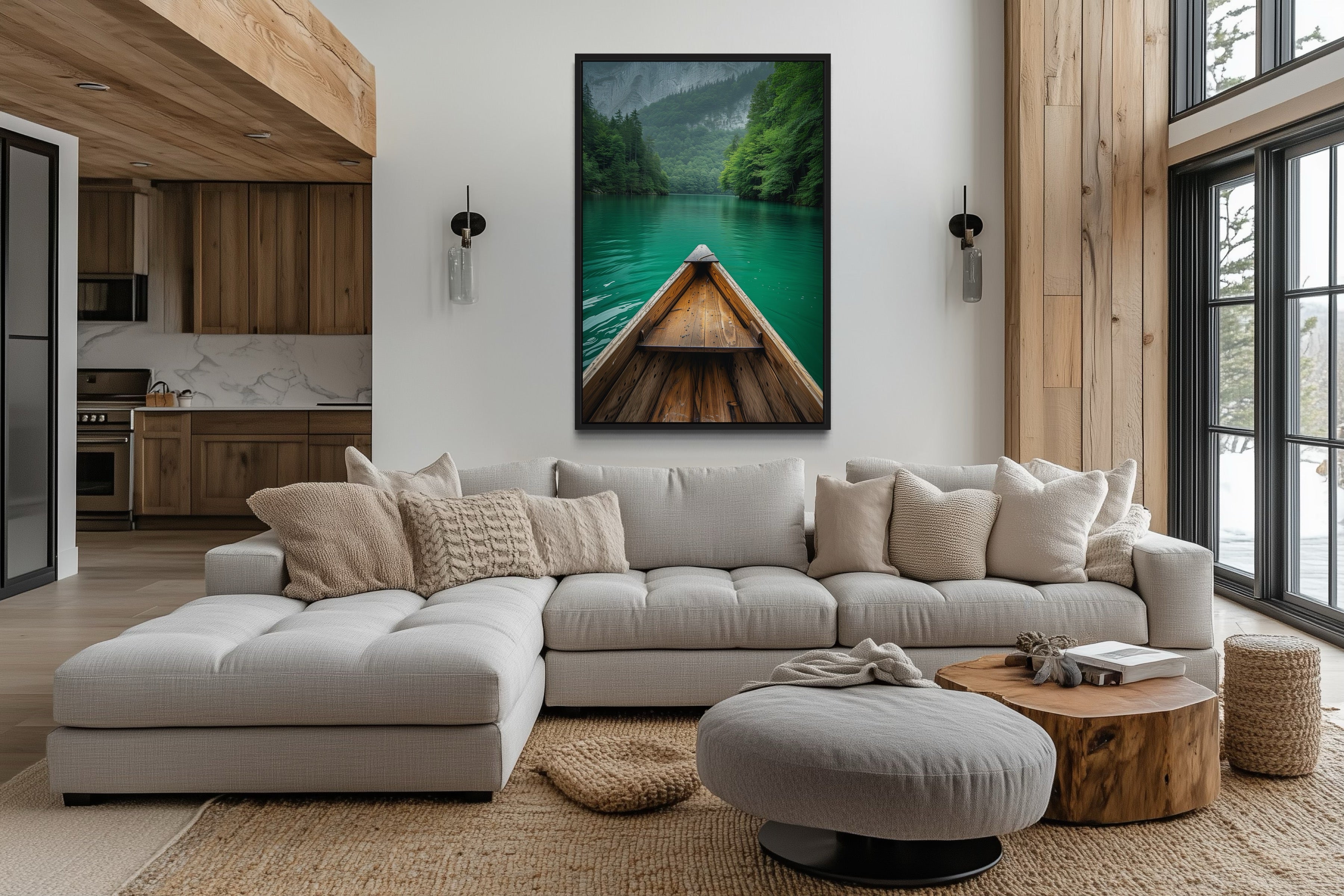 Wooden Canoe In Emerald Green Lake Vertical Framed Canvas Wall Art