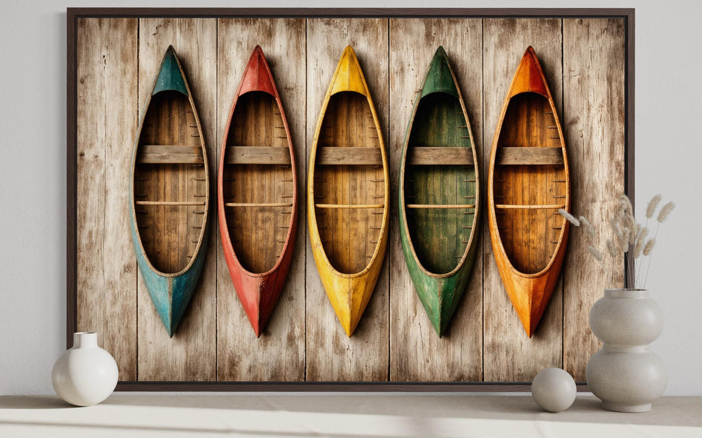 Wooden Canoe Wall Art - Colorful Canoe Canvas Print | Rustic Lake House Decor