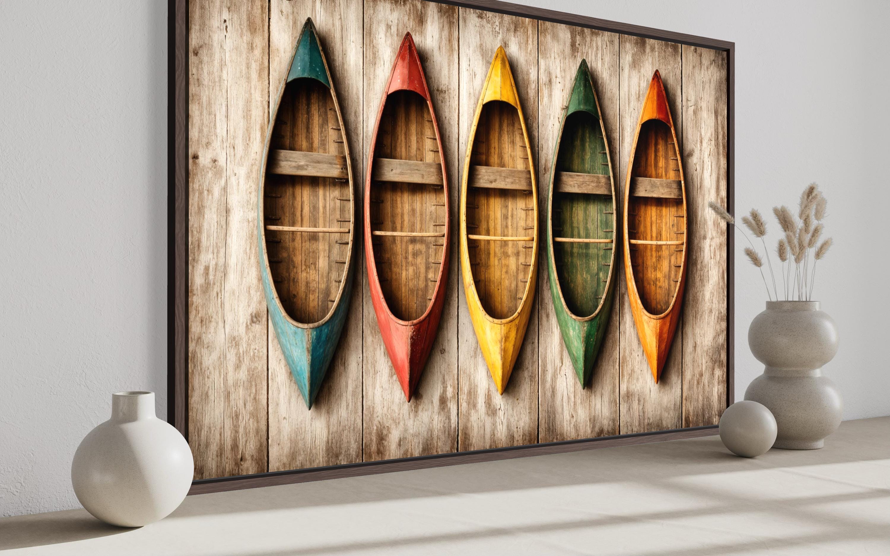 Wooden Canoe Wall Art - Colorful Canoe Canvas Print | Rustic Lake House Decor