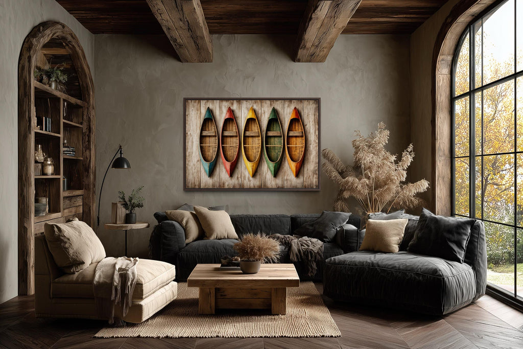 Wooden Canoe Wall Art - Colorful Canoe Canvas Print | Rustic Lake House Decor