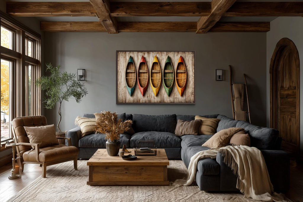 Wooden Canoe Wall Art - Colorful Canoe Canvas Print | Rustic Lake House Decor