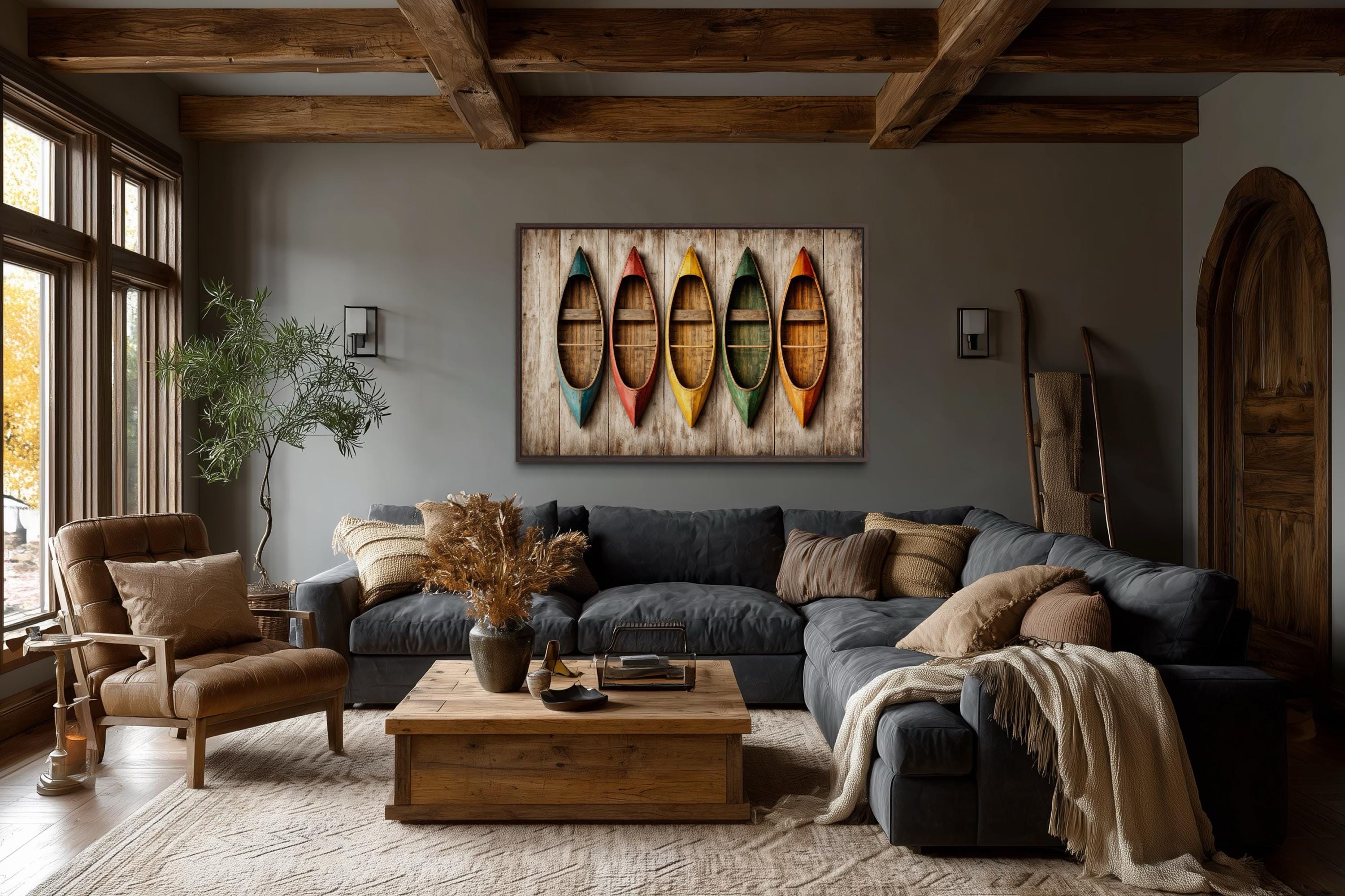 Wooden Canoe Wall Art - Colorful Canoe Canvas Print | Rustic Lake House Decor