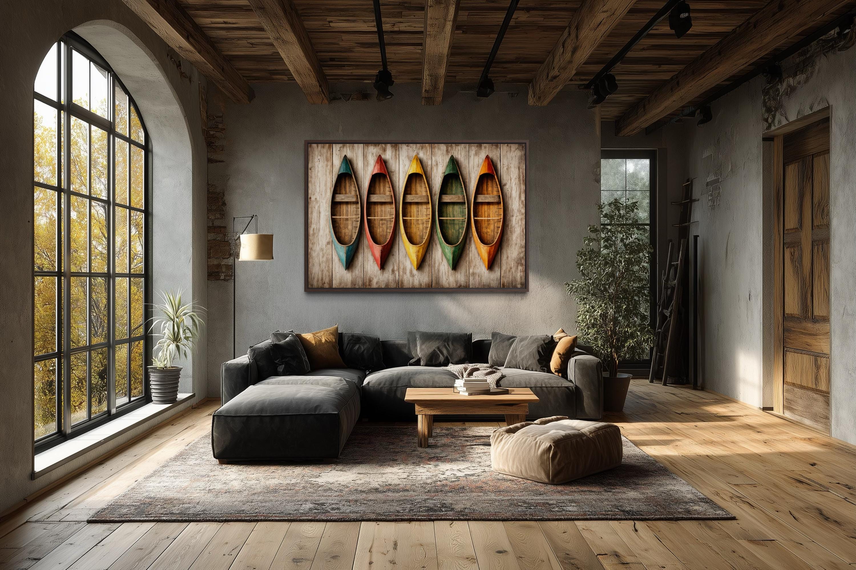 Wooden Canoe Wall Art - Colorful Canoe Canvas Print | Rustic Lake House Decor