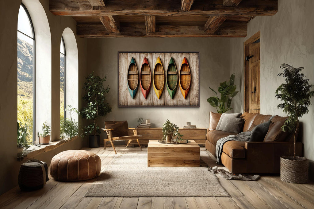 Wooden Canoe Wall Art - Colorful Canoe Canvas Print | Rustic Lake House Decor