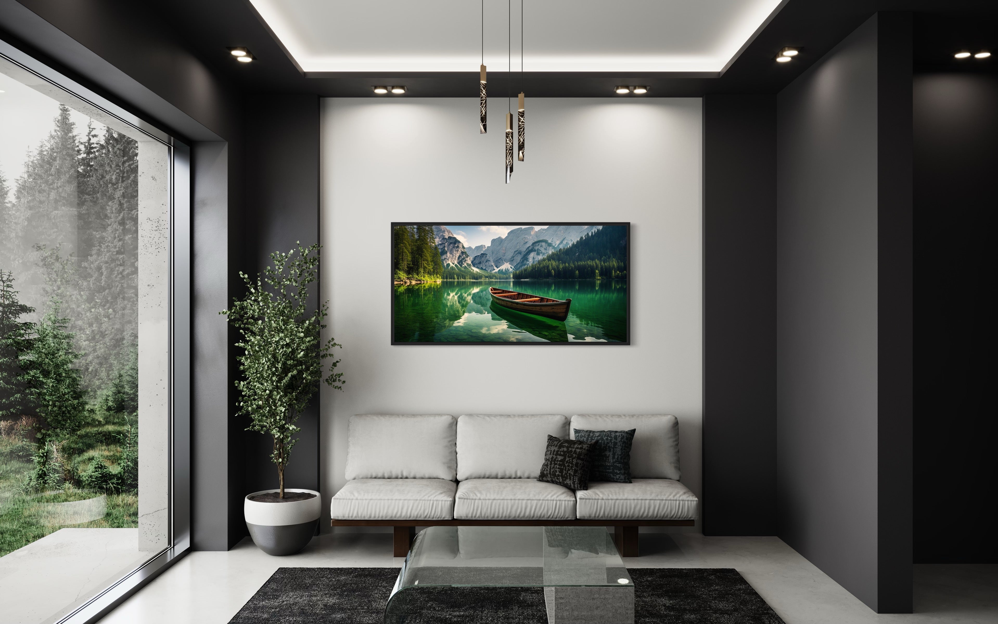 Wooden Canoe Wall Art – Emerald Green Lake Rustic Cabin Decor Framed Canvas
