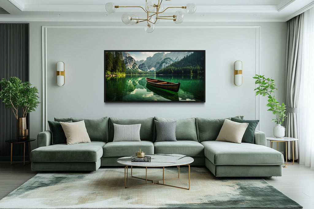 Wooden Canoe Wall Art – Emerald Green Lake Rustic Cabin Decor Framed Canvas