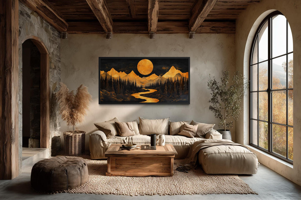 Wooden Mountain River Under Glowing Moon Framed Canvas Wall Art For Cabin Decor