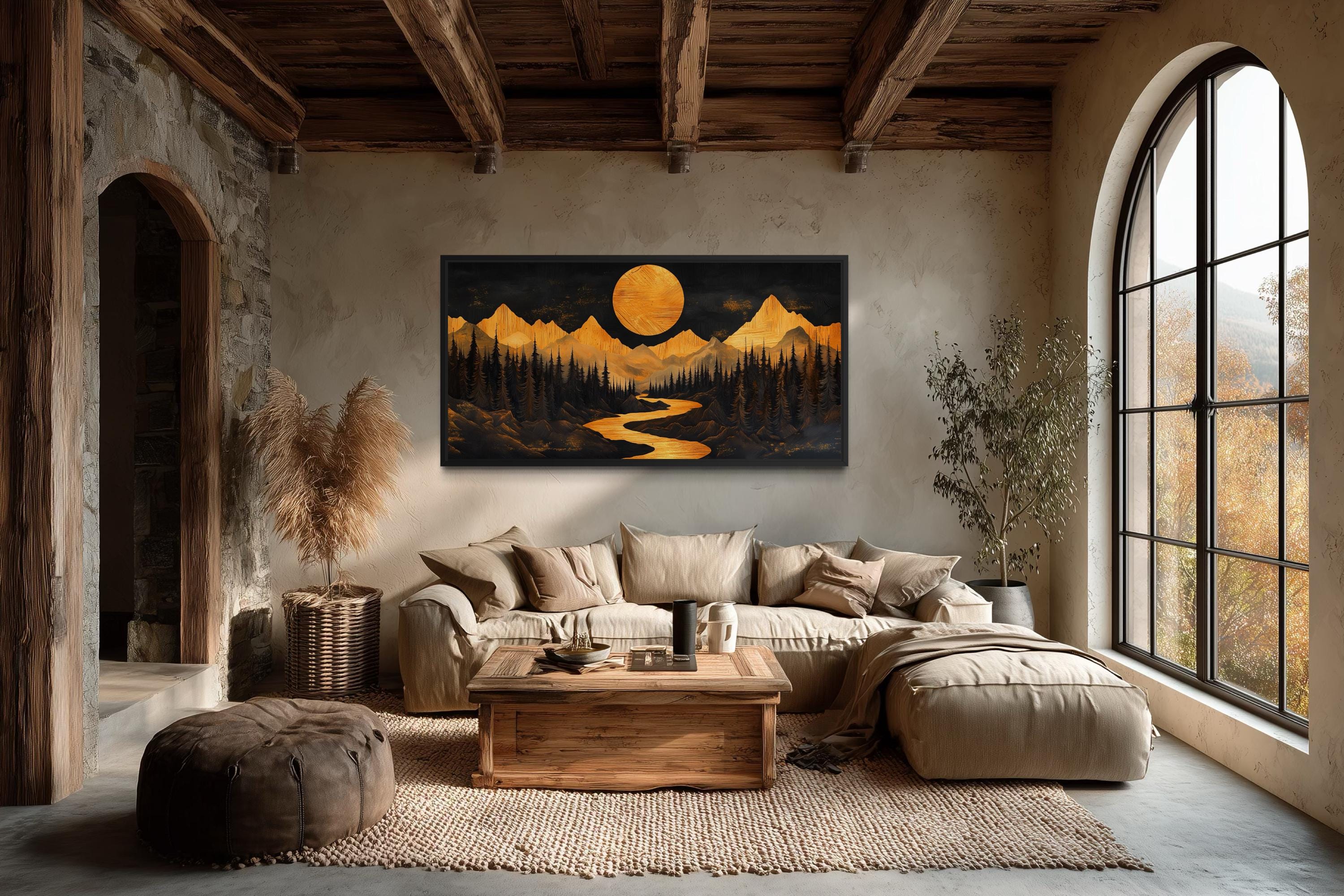 Wooden Mountain River Under Glowing Moon Framed Canvas Wall Art For Cabin Decor