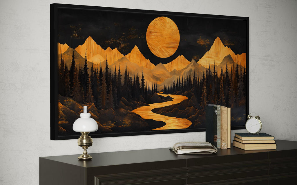 Wooden Mountain River Under Glowing Moon Framed Canvas Wall Art For Cabin Decor