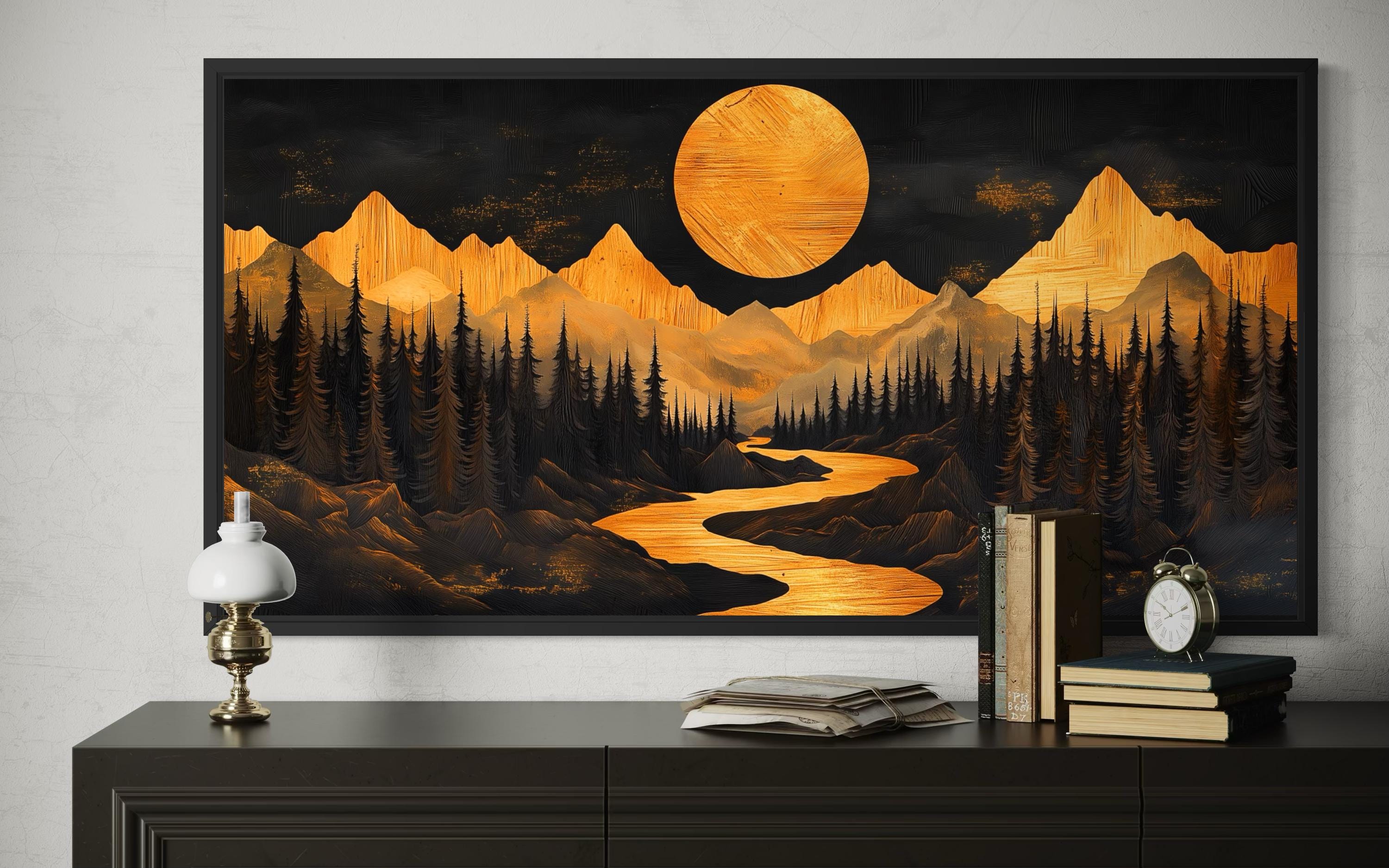 Wooden Mountain River Under Glowing Moon Framed Canvas Wall Art For Cabin Decor