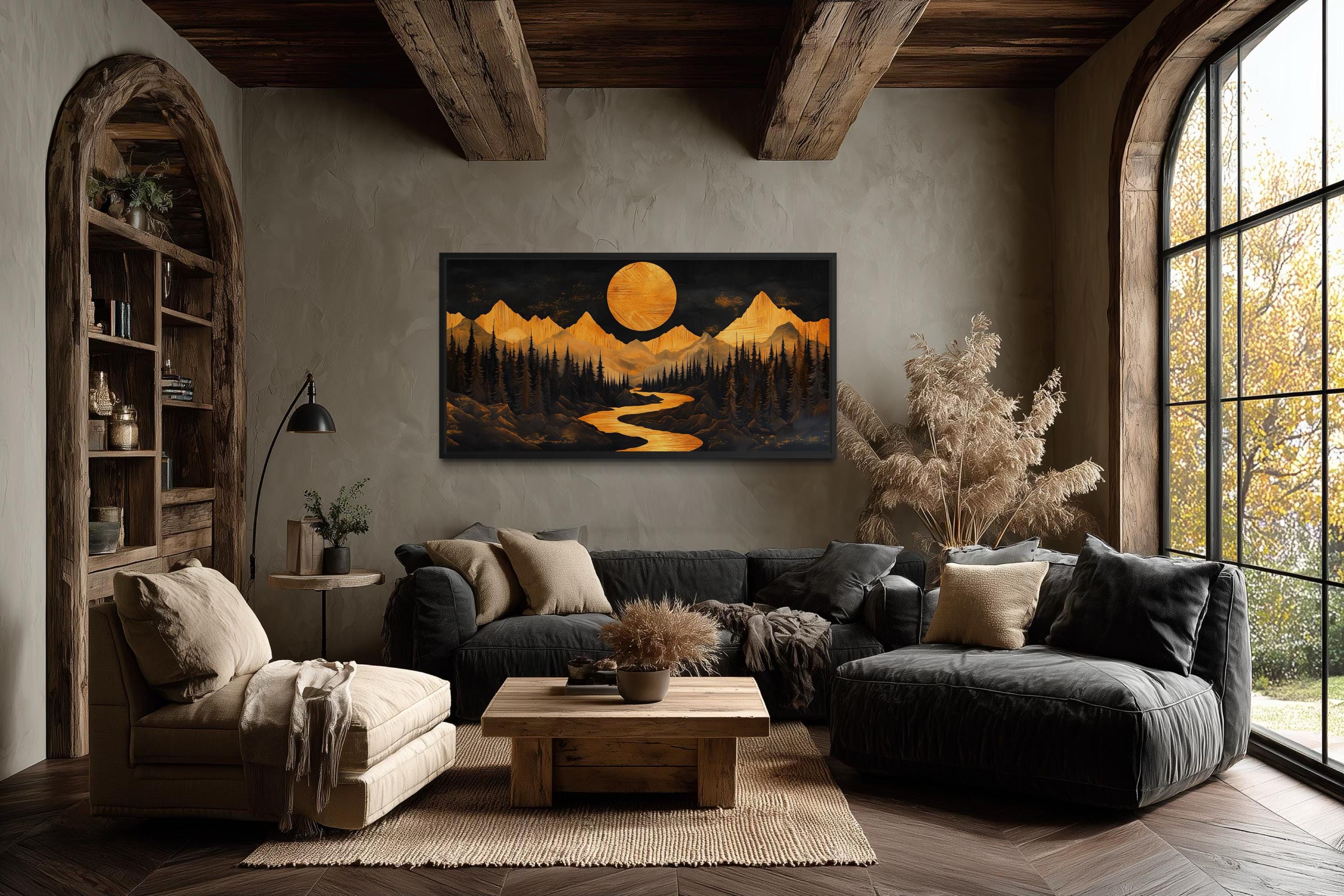 Wooden Mountain River Under Glowing Moon Framed Canvas Wall Art For Cabin Decor