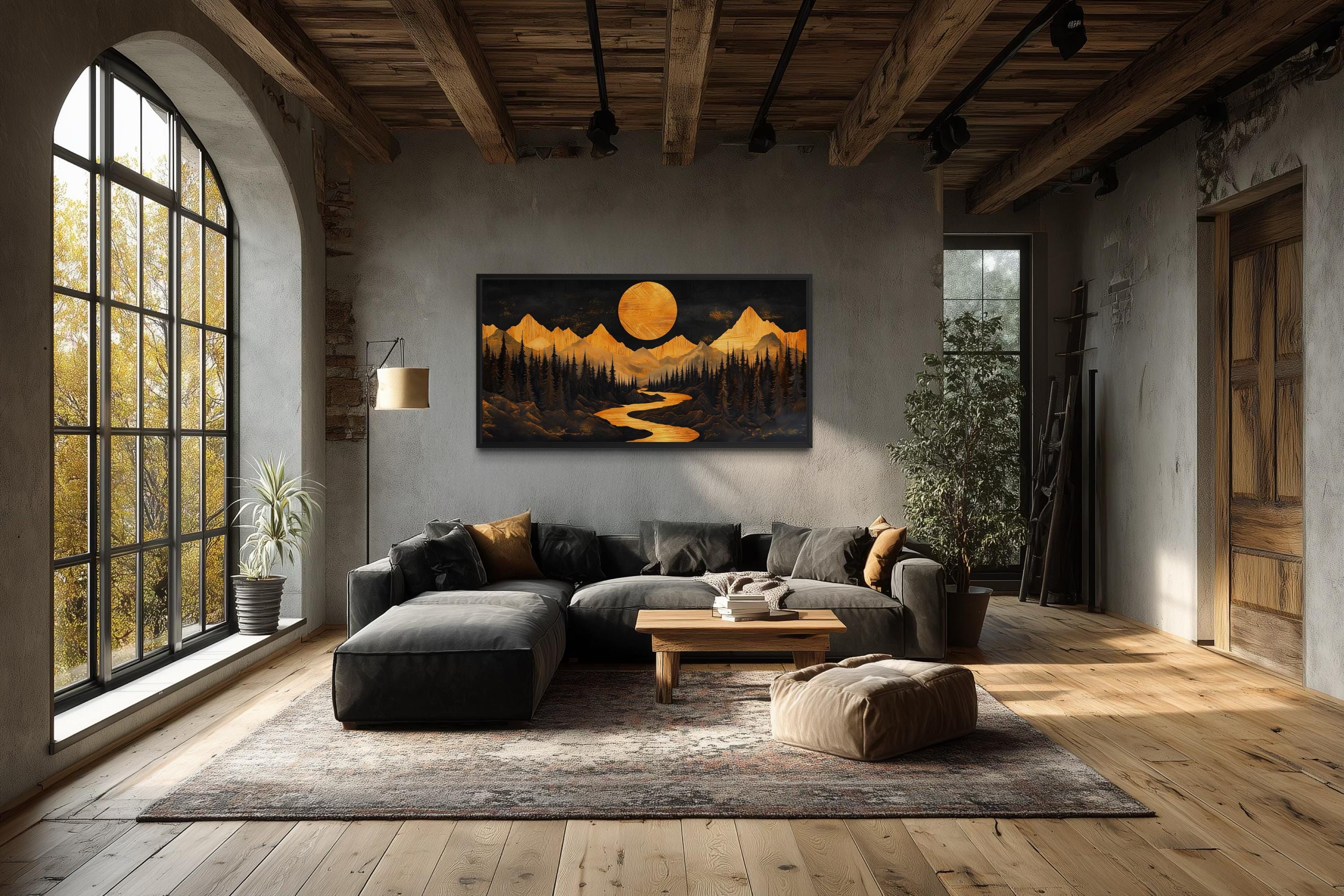 Wooden Mountain River Under Glowing Moon Framed Canvas Wall Art For Cabin Decor