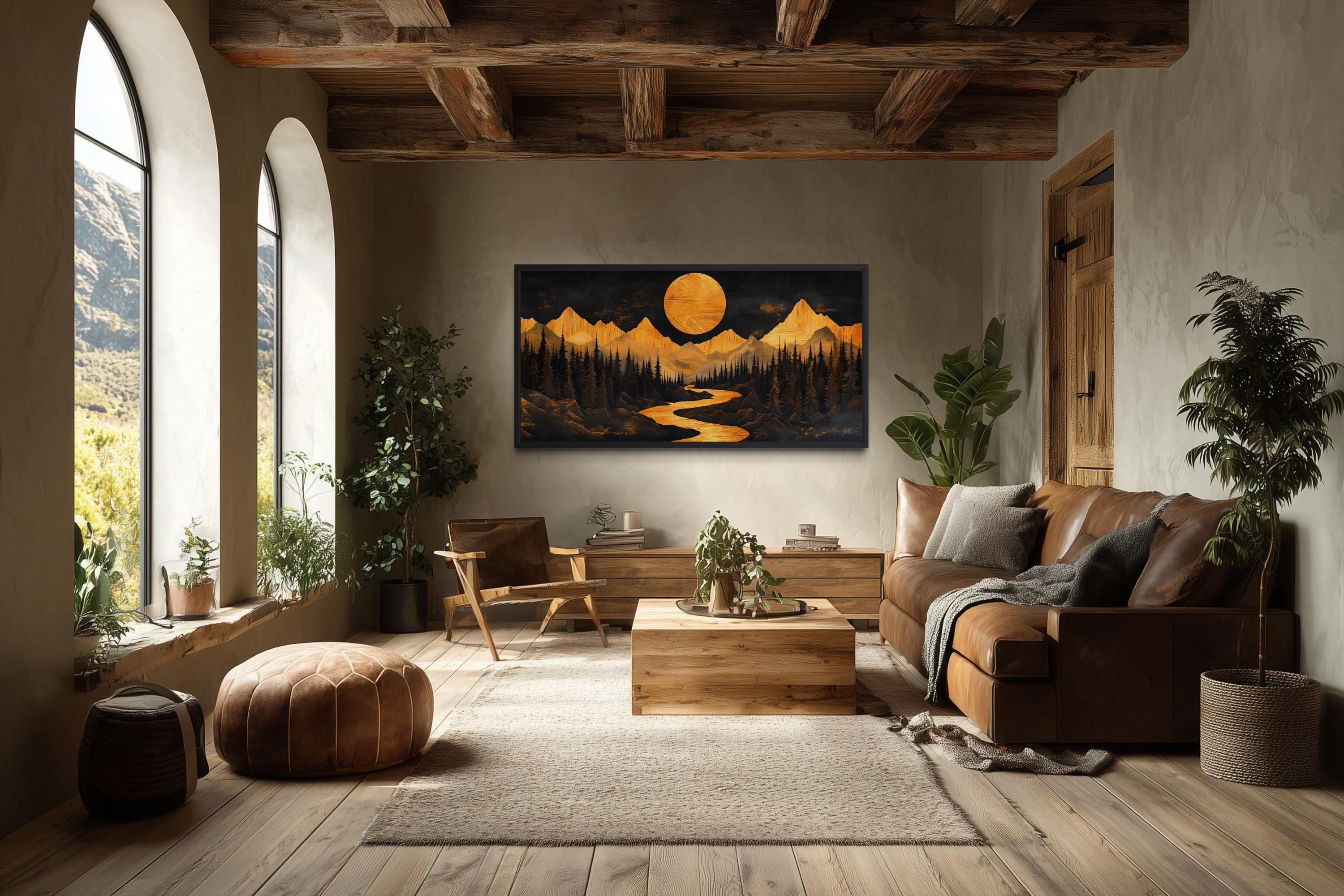 Wooden Mountain River Under Glowing Moon Framed Canvas Wall Art For Cabin Decor