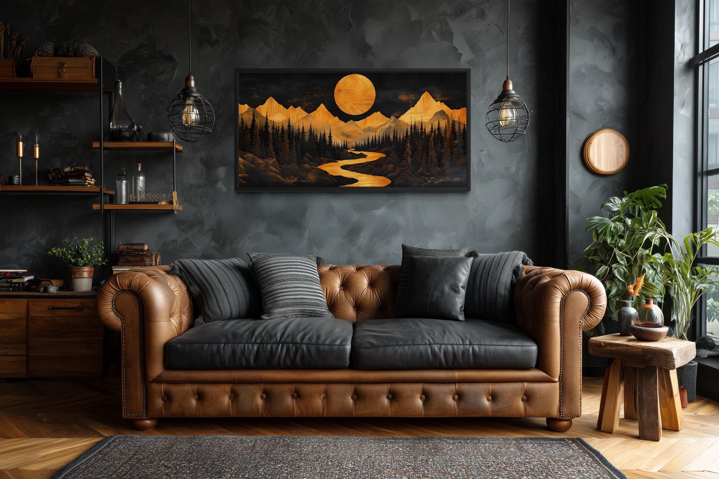 Wooden Mountain River Under Glowing Moon Framed Canvas Wall Art For Cabin Decor
