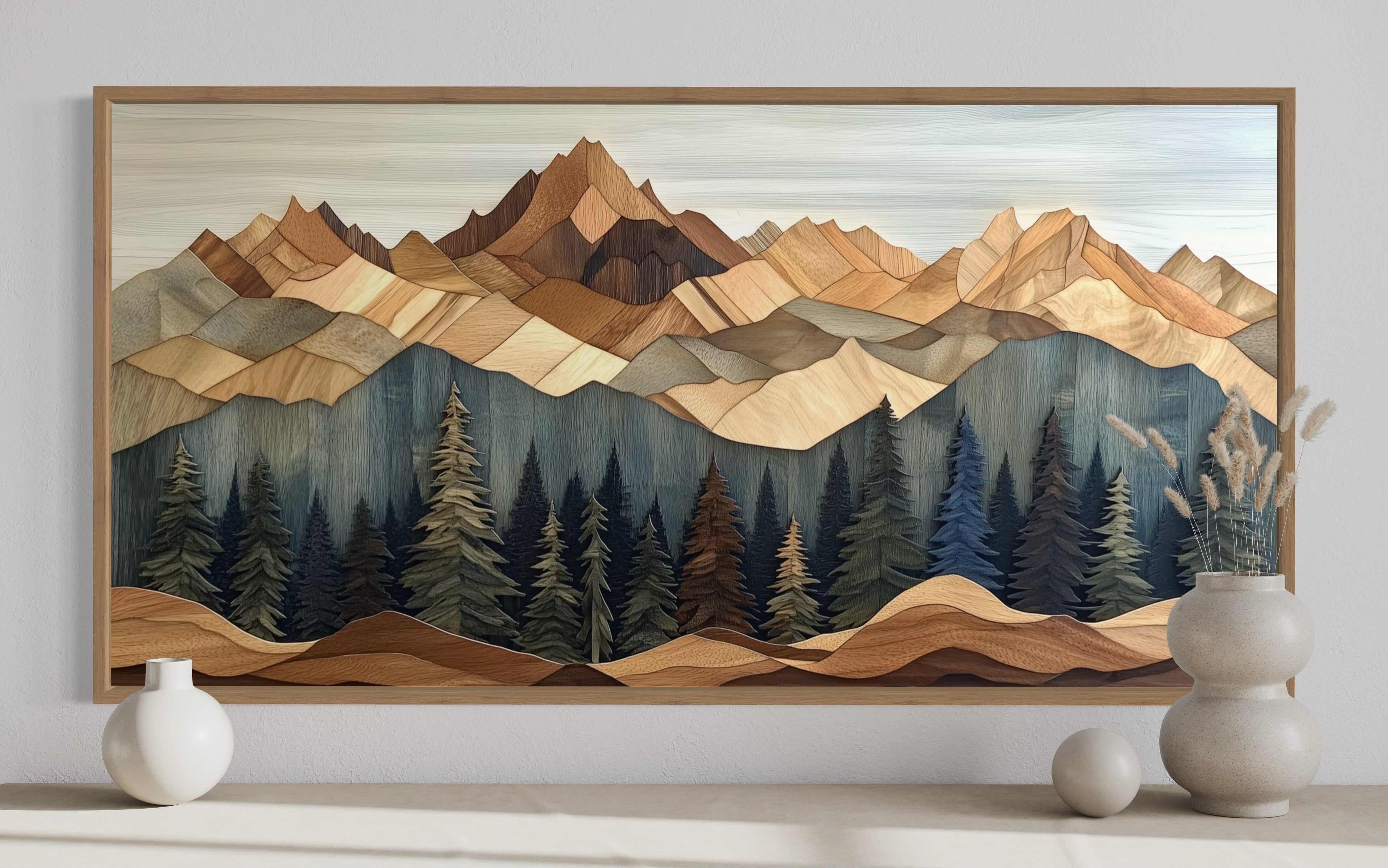 Wooden Mountain With Pine Trees Framed Canvas Wall Art For Cabin Decor