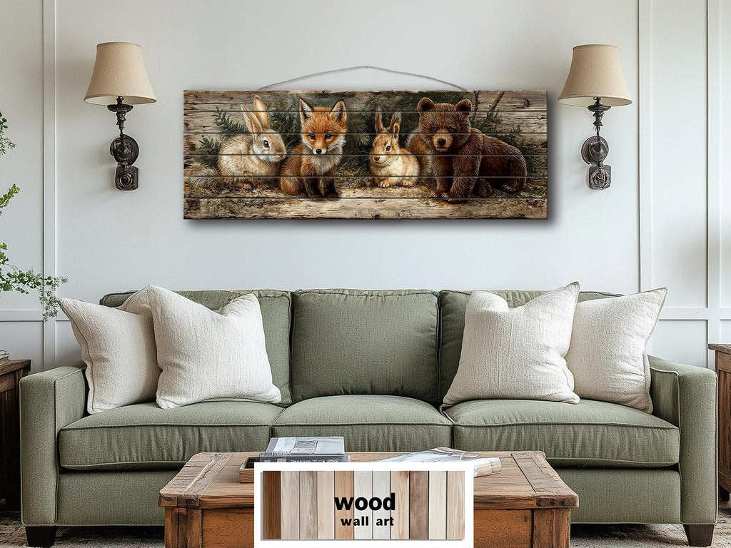 Woodland Animals Wall Art - Distressed Wood Art | Fox Rabbit Bear Rustic Cabin Decor