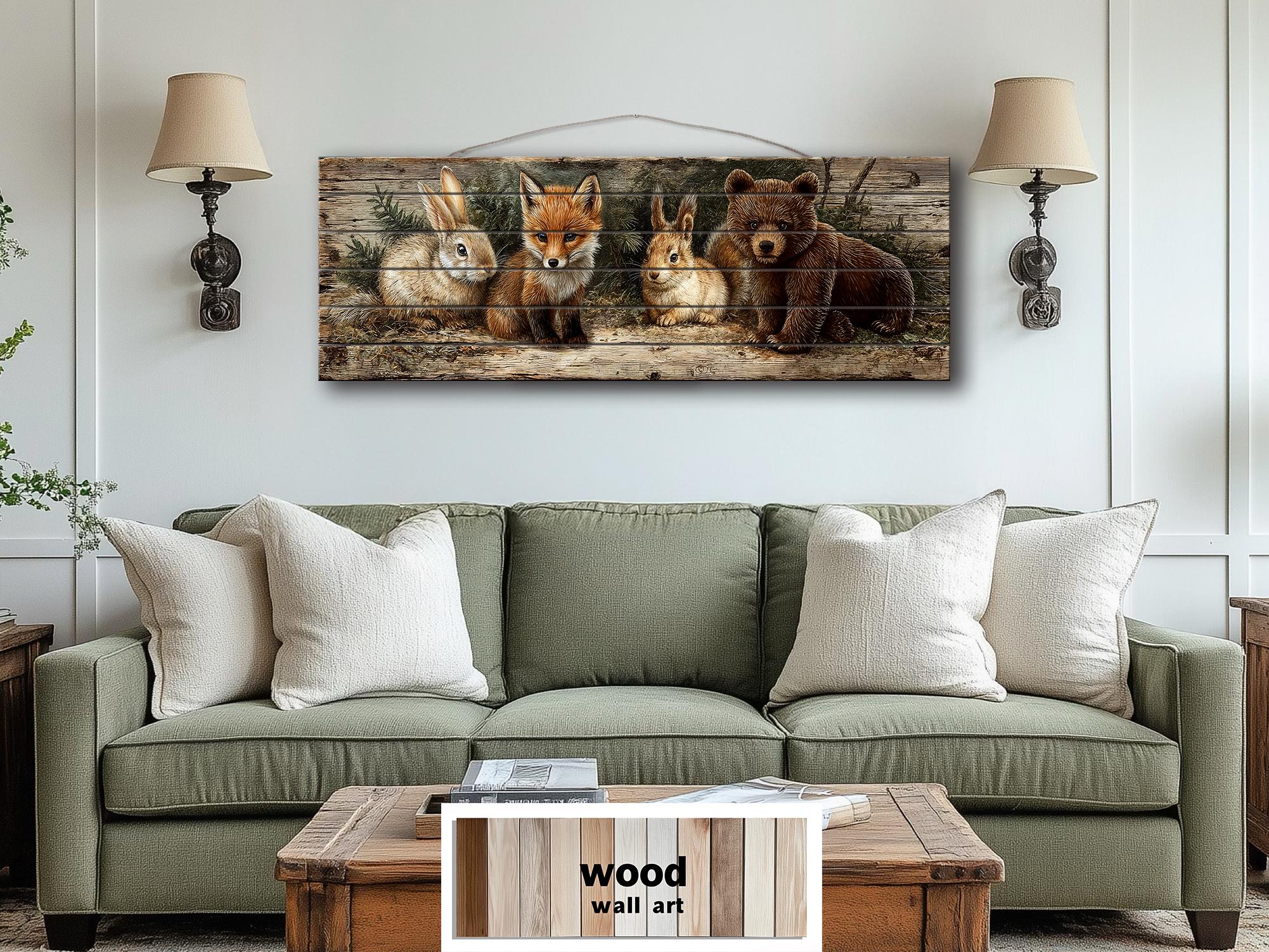 Woodland Animals Wall Art - Distressed Wood Art | Fox Rabbit Bear Rustic Cabin Decor