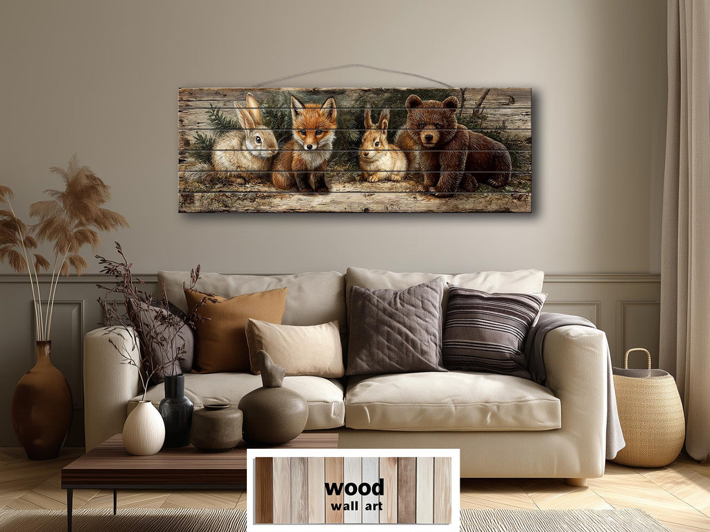 Woodland Animals Wall Art - Distressed Wood Art | Fox Rabbit Bear Rustic Cabin Decor