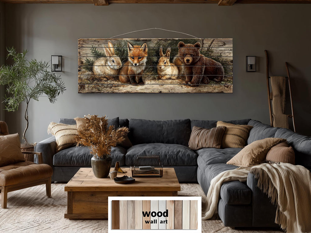 Woodland Animals Wall Art - Distressed Wood Art | Fox Rabbit Bear Rustic Cabin Decor