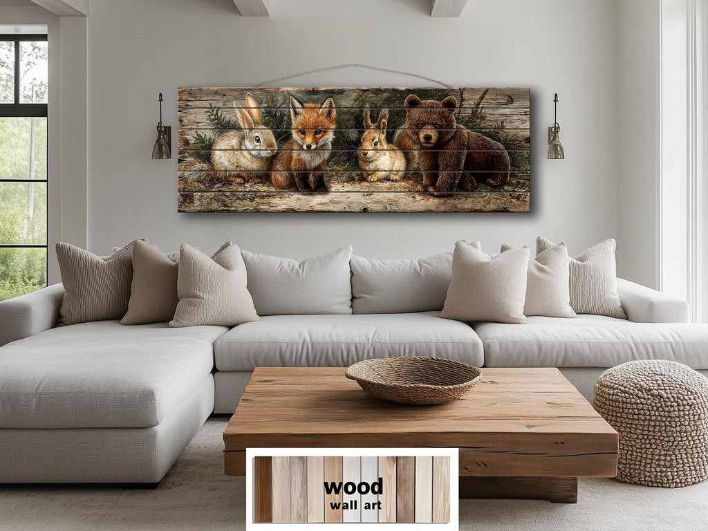 Woodland Animals Wall Art - Distressed Wood Art | Fox Rabbit Bear Rustic Cabin Decor