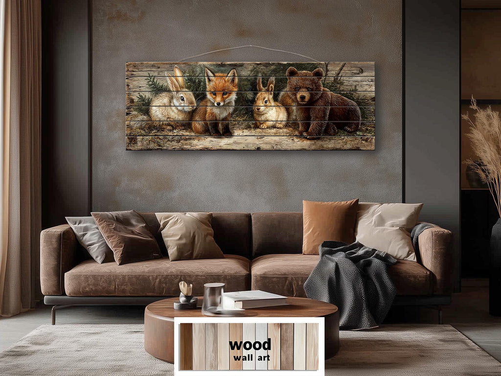 Woodland Animals Wall Art - Distressed Wood Art | Fox Rabbit Bear Rustic Cabin Decor