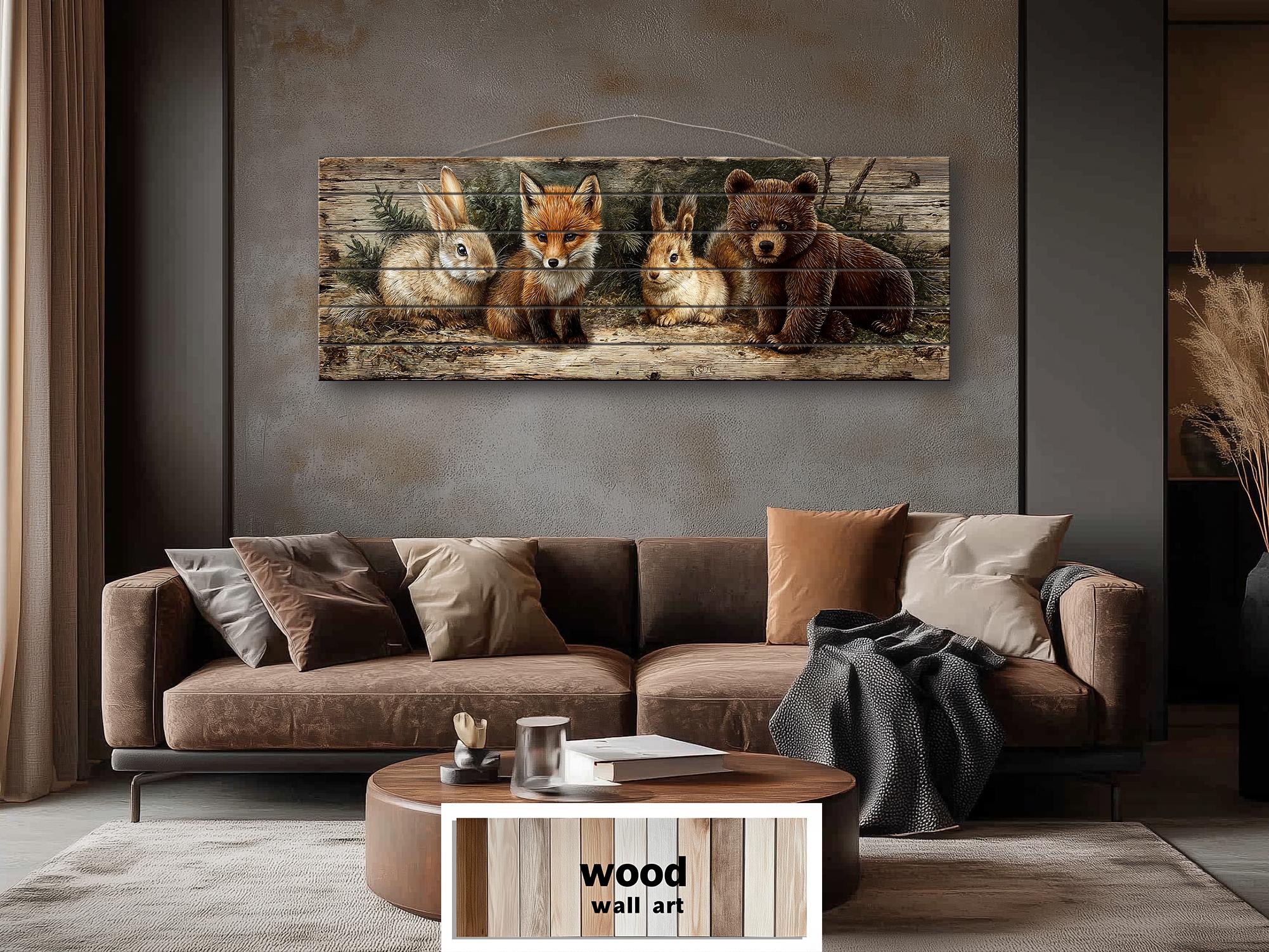 Woodland Animals Wall Art - Distressed Wood Art | Fox Rabbit Bear Rustic Cabin Decor