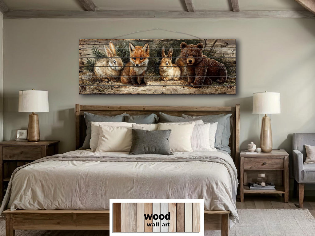Woodland Animals Wall Art - Distressed Wood Art | Fox Rabbit Bear Rustic Cabin Decor