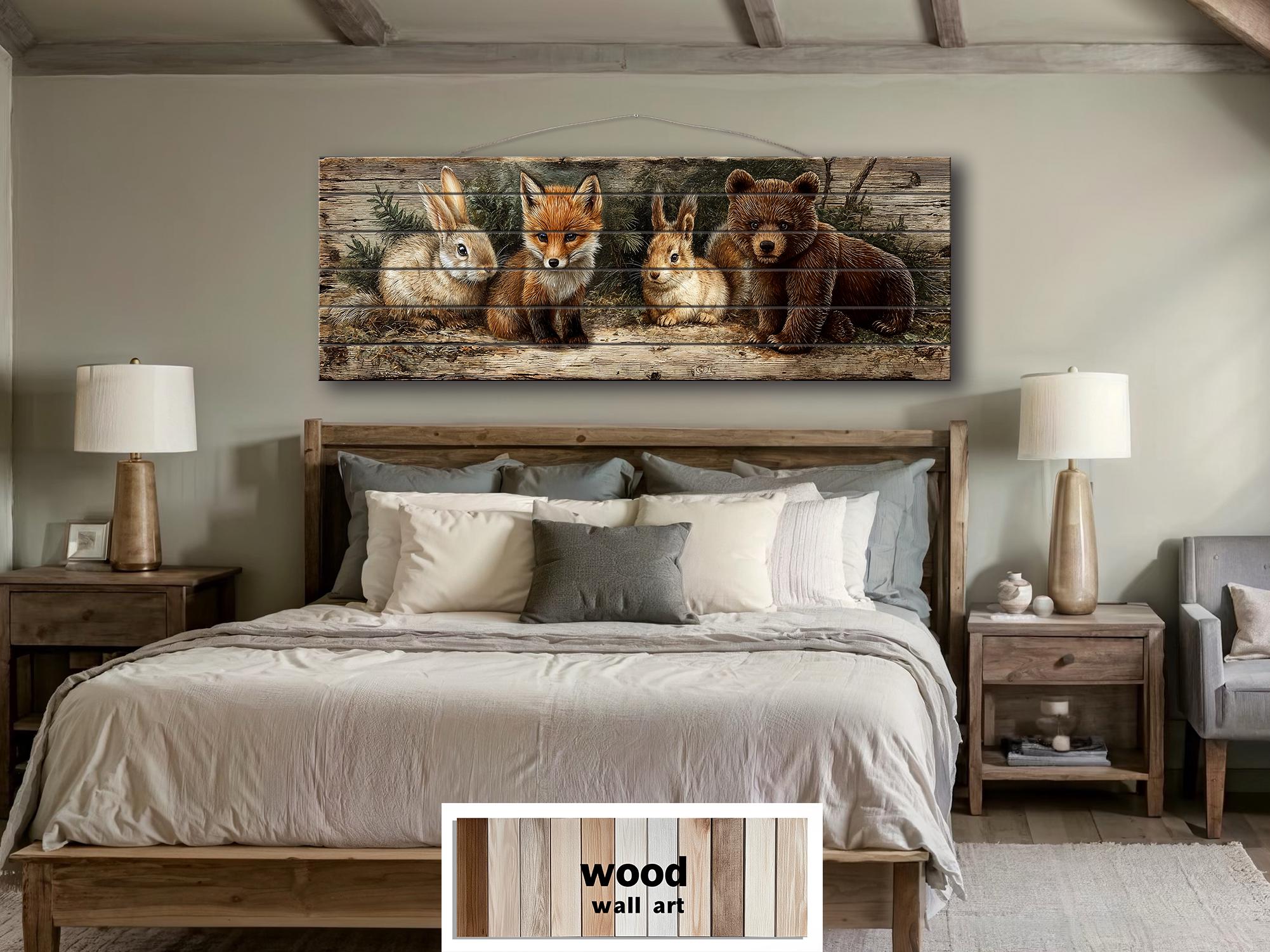 Woodland Animals Wall Art - Distressed Wood Art | Fox Rabbit Bear Rustic Cabin Decor