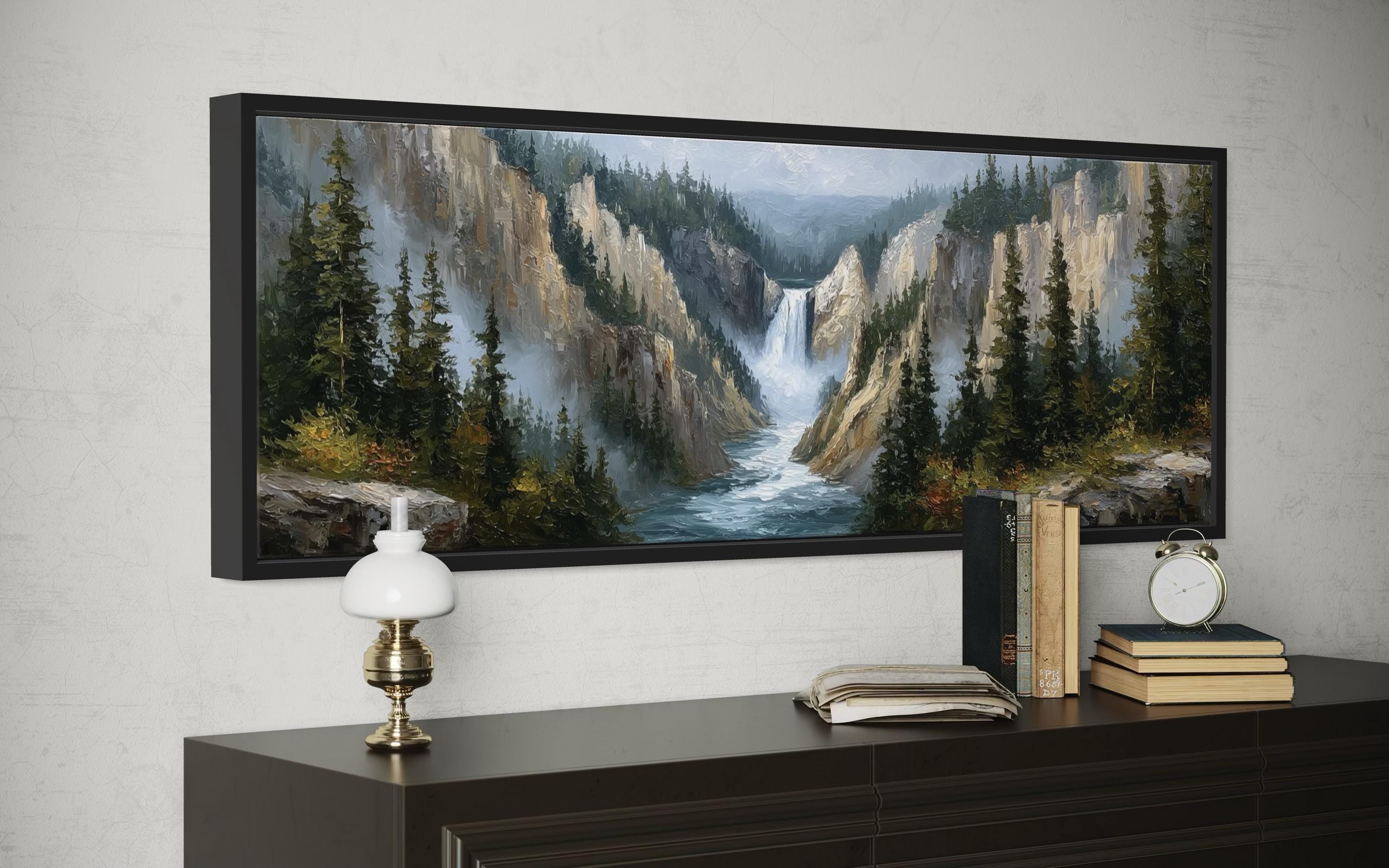 Yellowstone Waterfall  Long Horizontal Canvas Wall Art