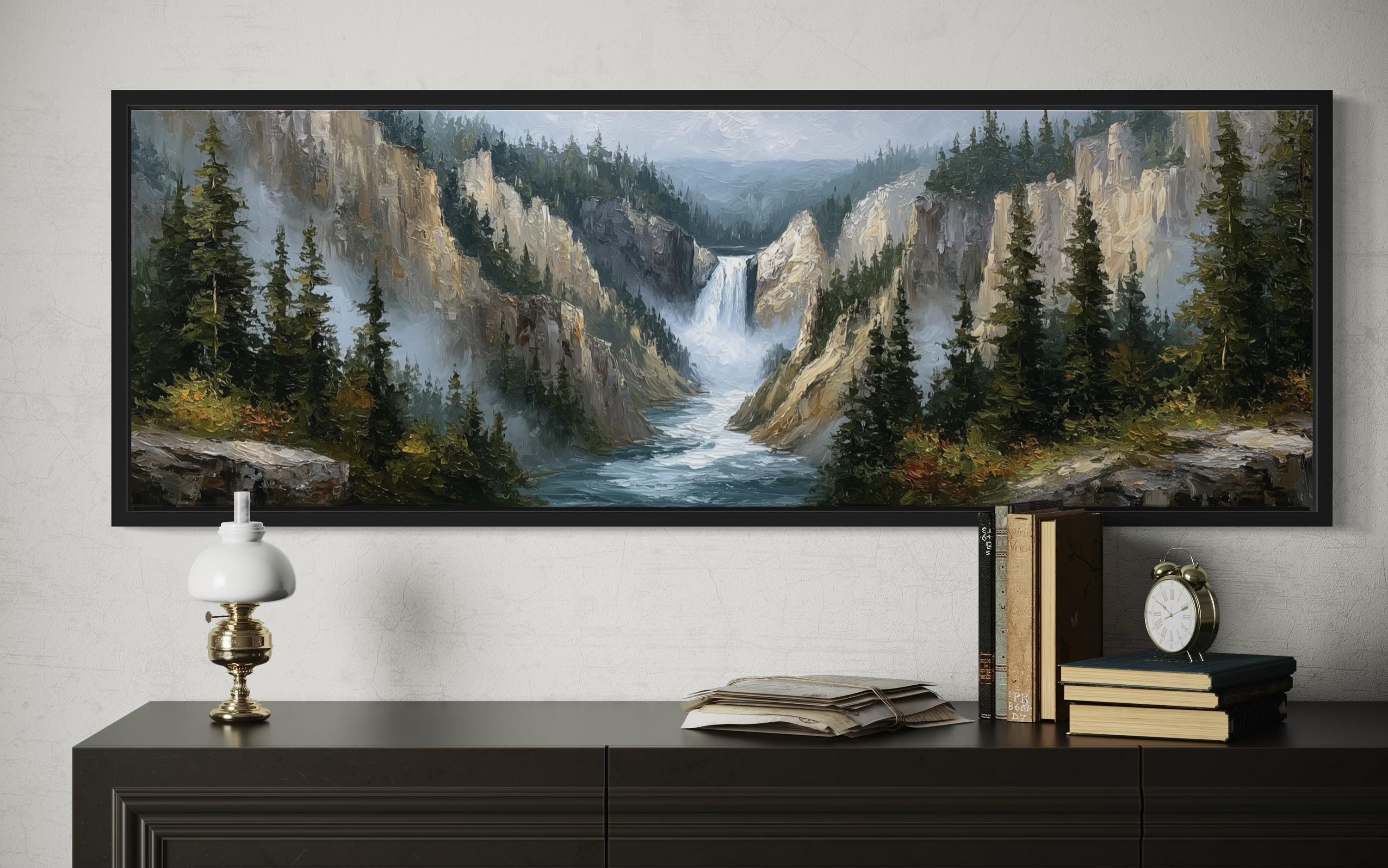 Yellowstone Waterfall  Long Horizontal Canvas Wall Art