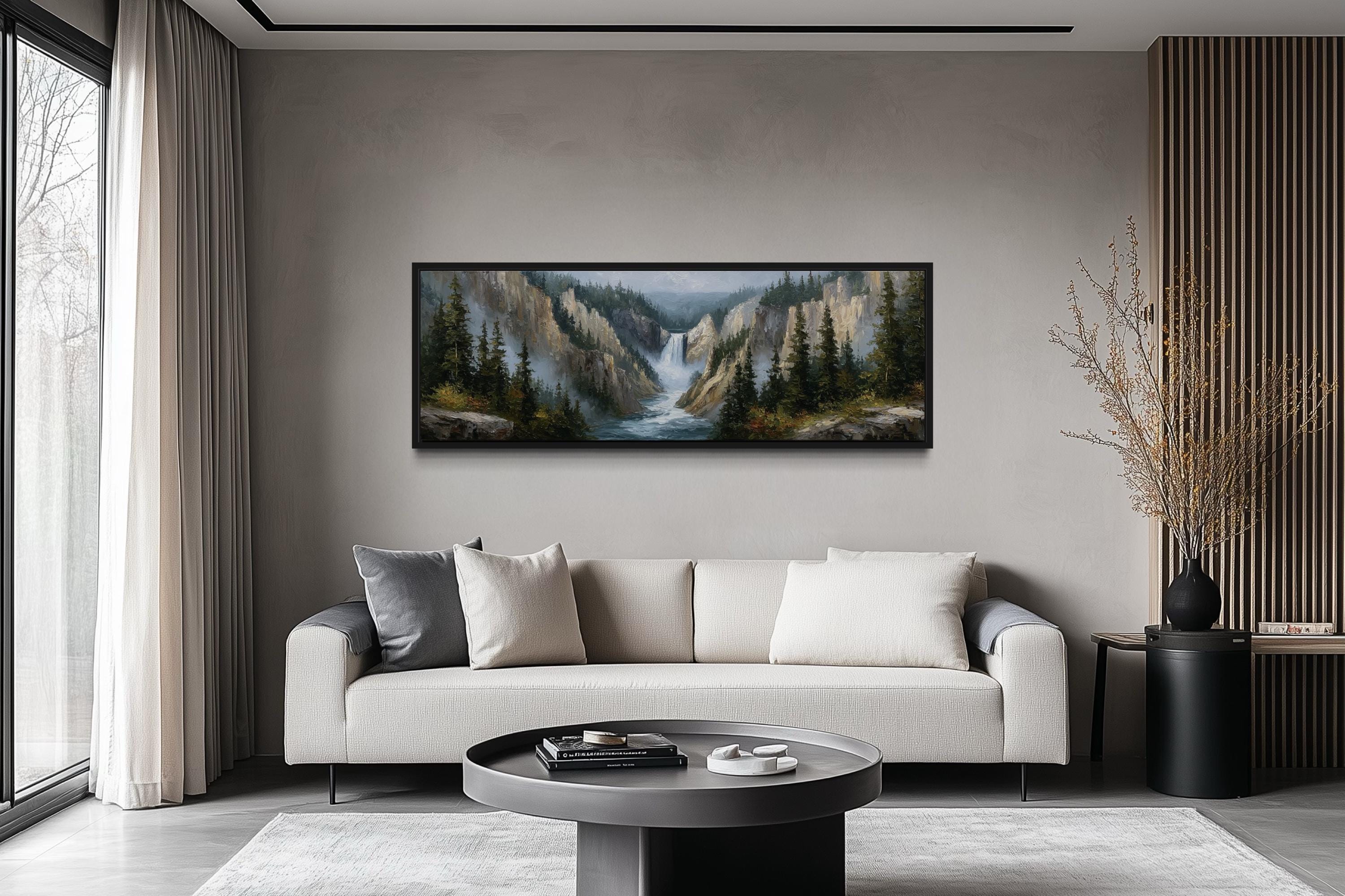 Yellowstone Waterfall  Long Horizontal Canvas Wall Art