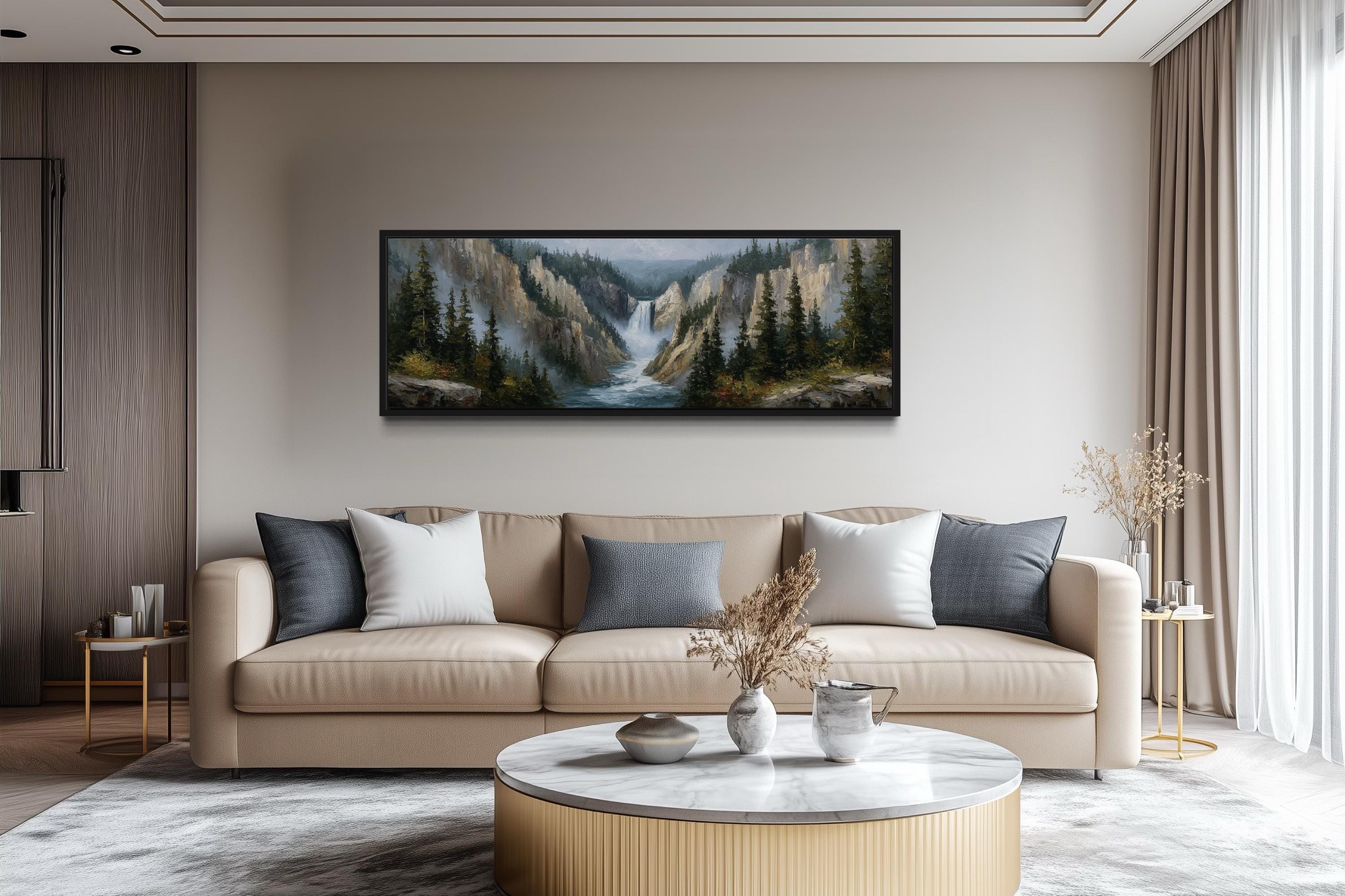 Yellowstone Waterfall  Long Horizontal Canvas Wall Art