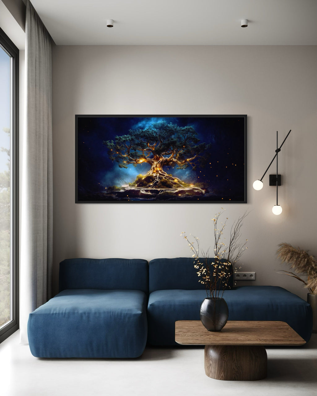 Yggdrasil Canvas Wall Art – Navy Blue Gold Framed Tree of Life Print for Living Room