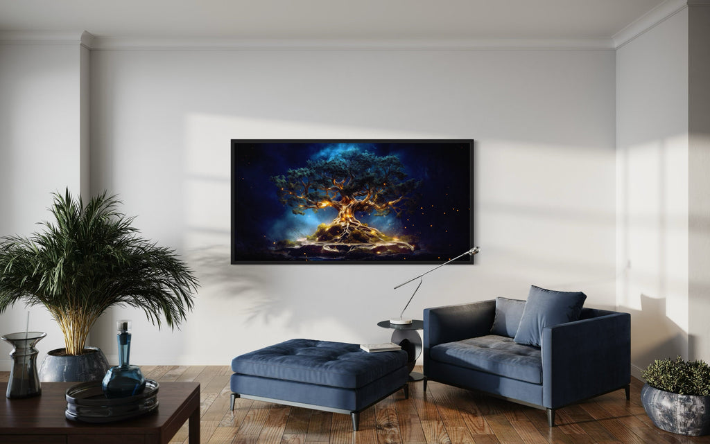 Yggdrasil Canvas Wall Art – Navy Blue Gold Framed Tree of Life Print for Living Room
