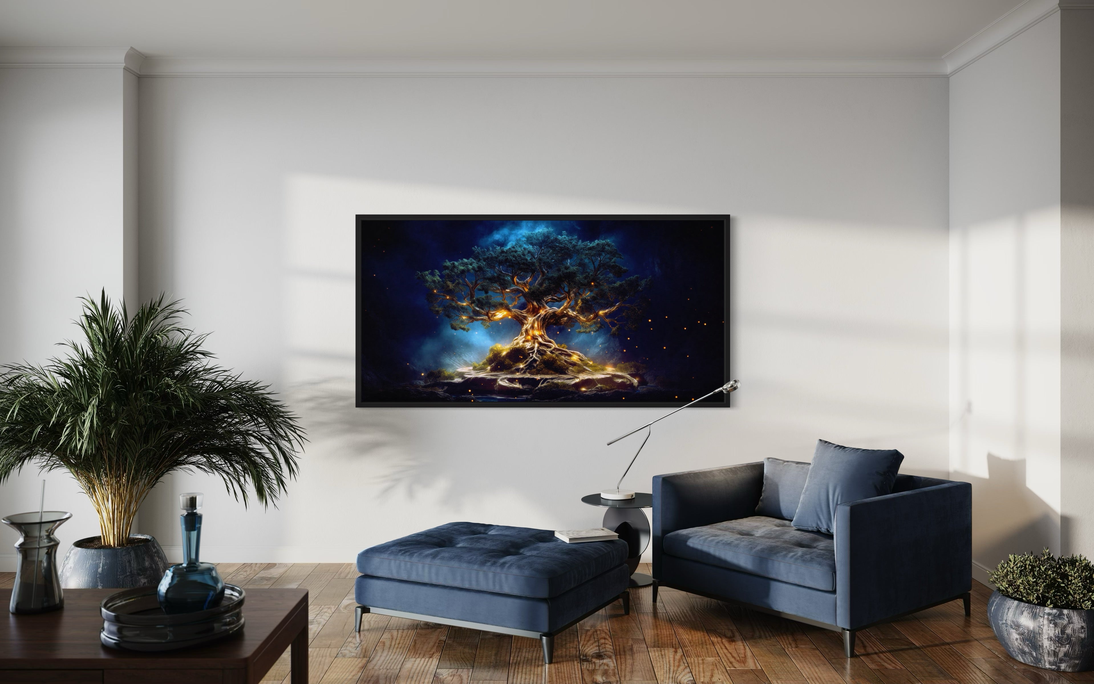 Yggdrasil Canvas Wall Art – Navy Blue Gold Framed Tree of Life Print for Living Room