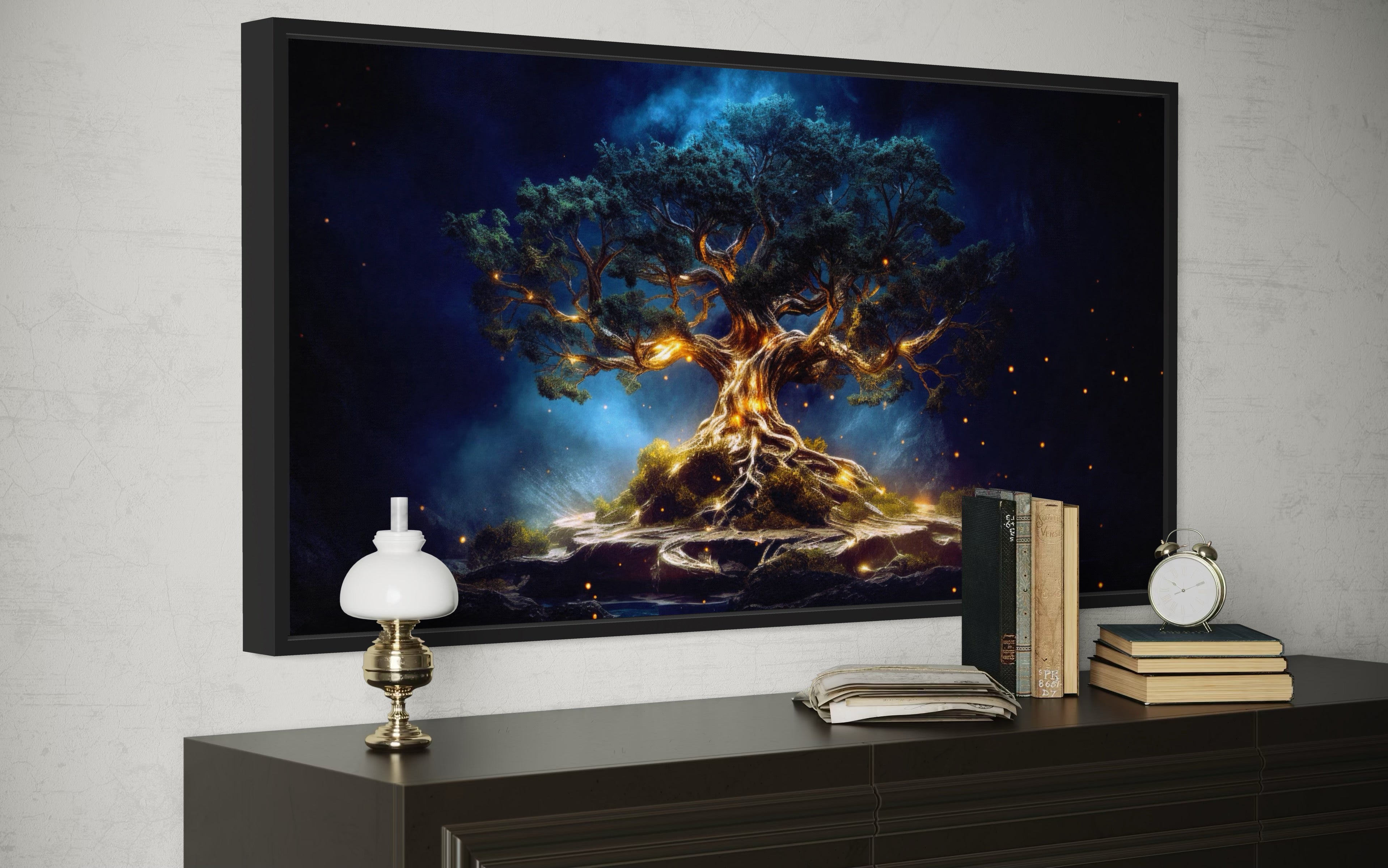 Yggdrasil Canvas Wall Art – Navy Blue Gold Framed Tree of Life Print for Living Room