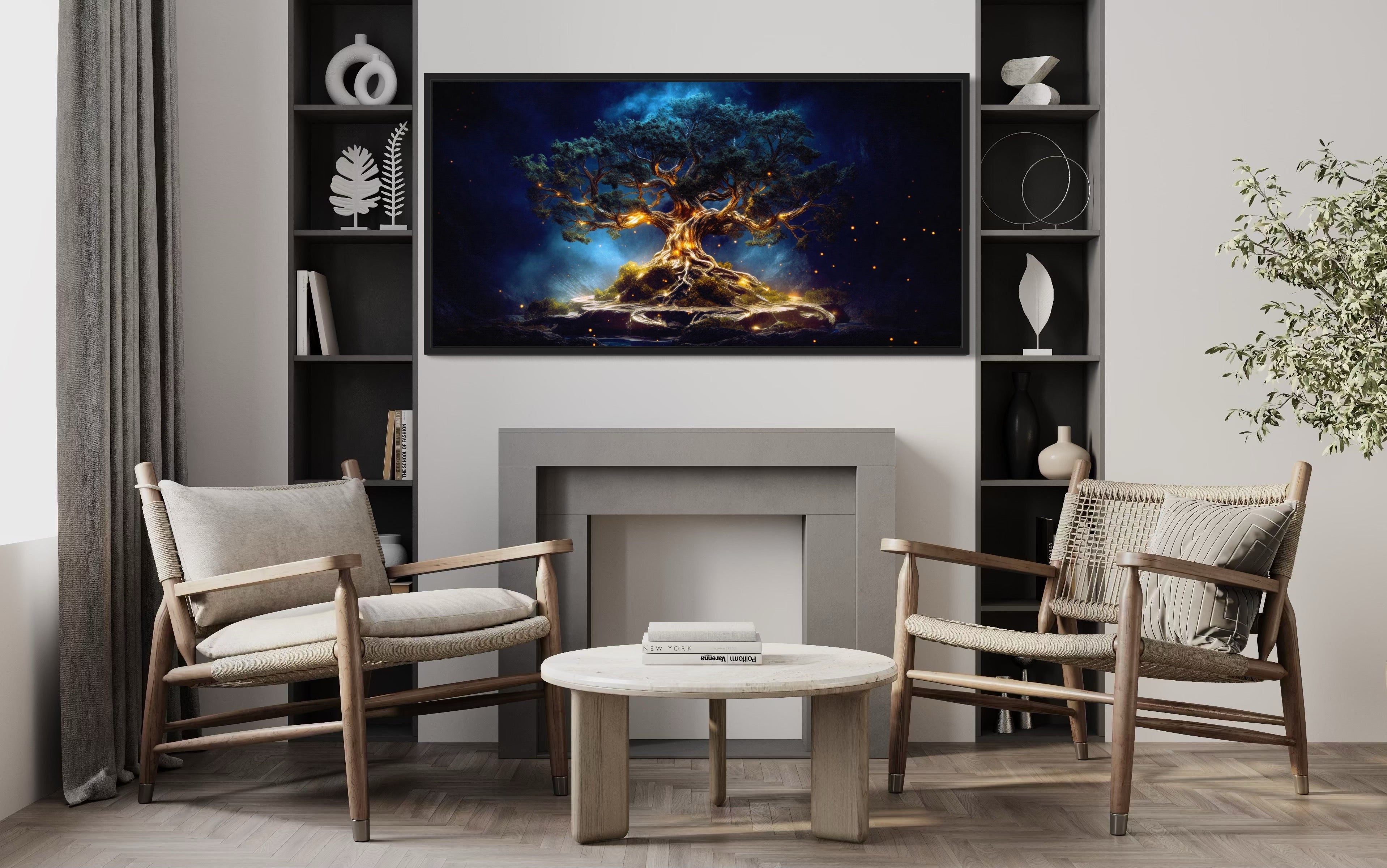 Yggdrasil Canvas Wall Art – Navy Blue Gold Framed Tree of Life Print for Living Room