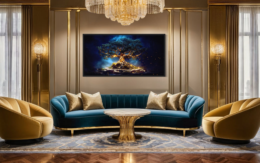 Yggdrasil Canvas Wall Art – Navy Blue Gold Framed Tree of Life Print for Living Room