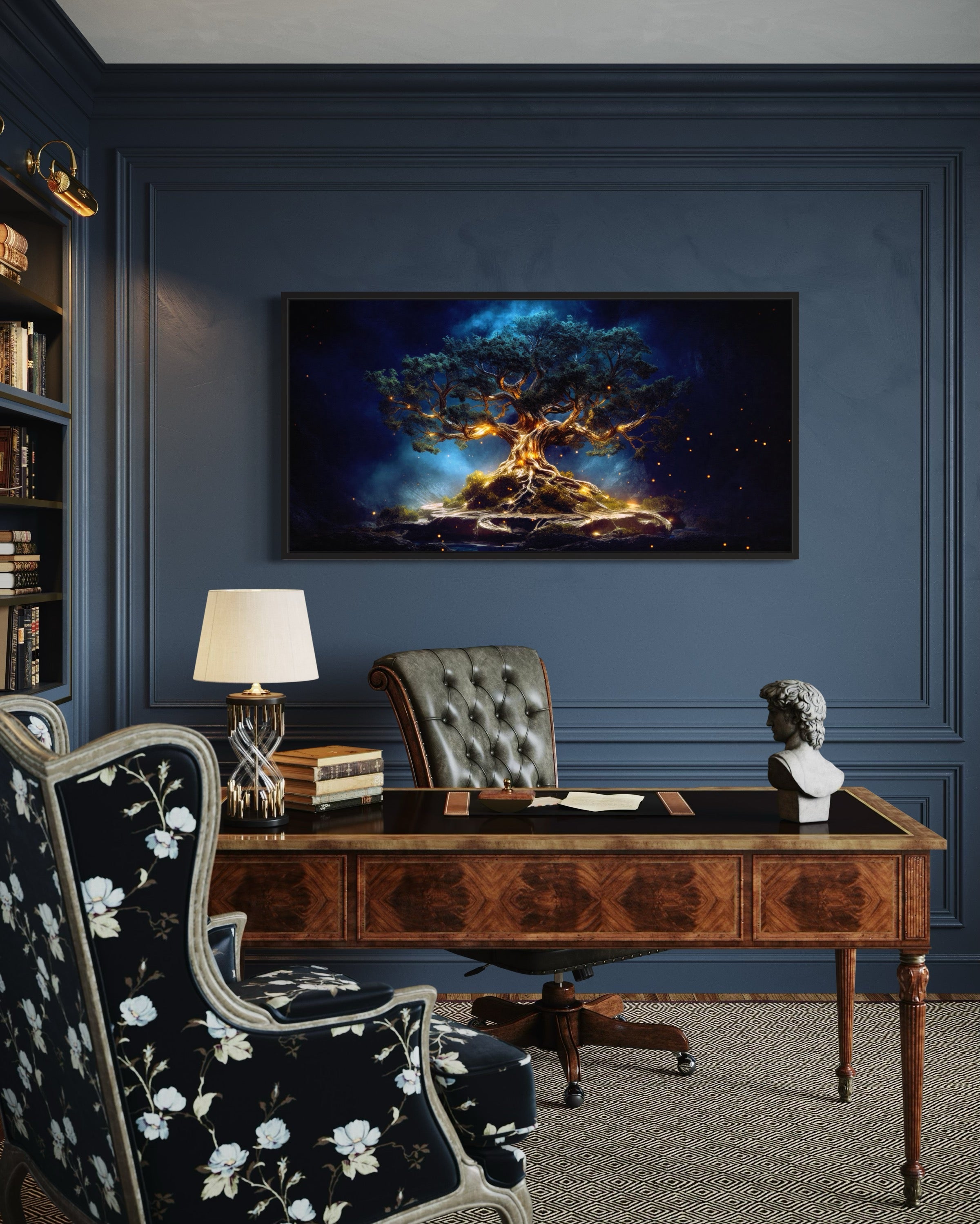 Yggdrasil Canvas Wall Art – Navy Blue Gold Framed Tree of Life Print for Living Room