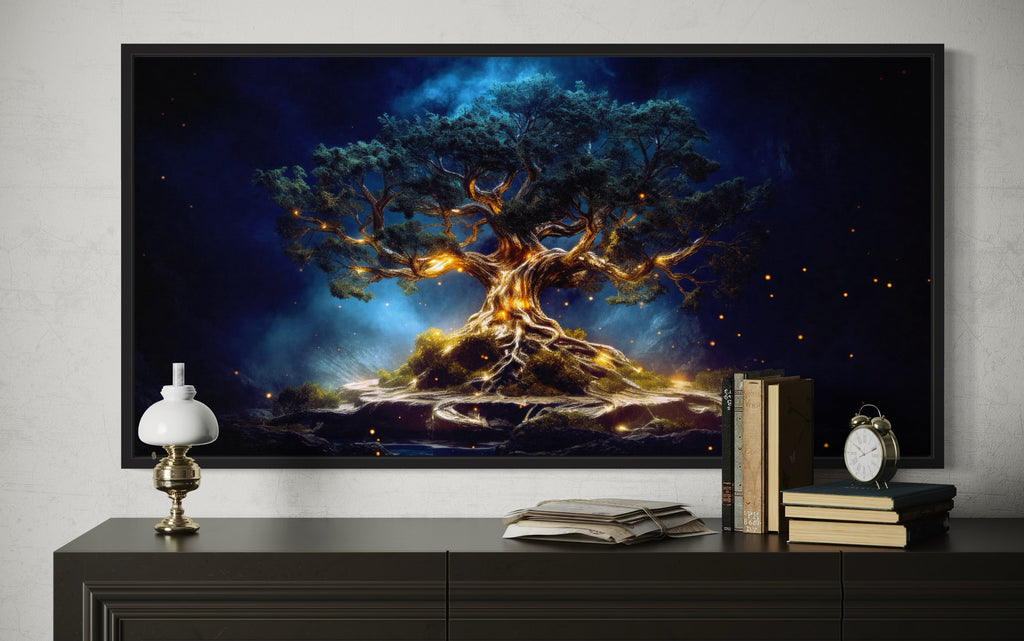 Yggdrasil Canvas Wall Art – Navy Blue Gold Framed Tree of Life Print for Living Room