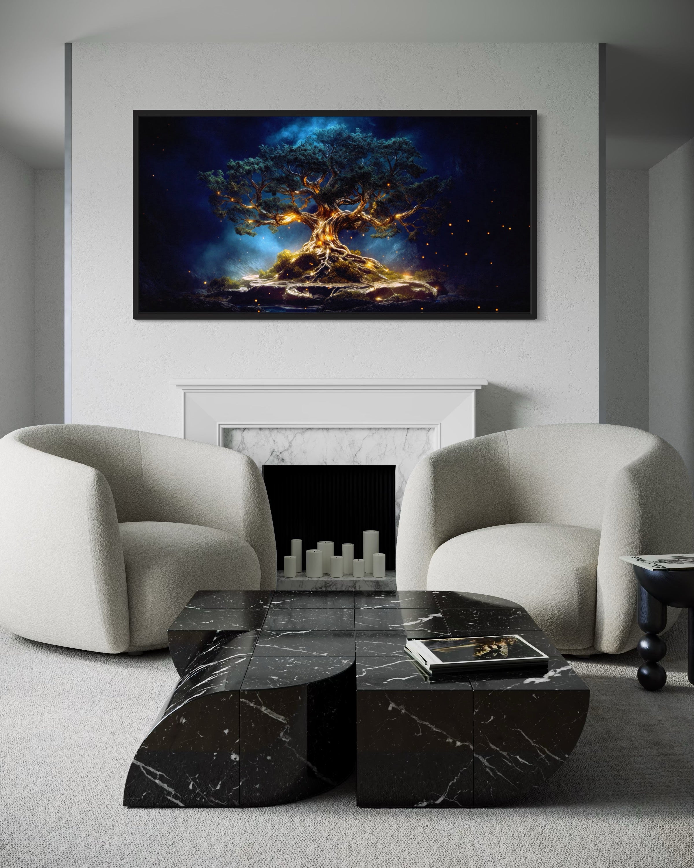 Yggdrasil Canvas Wall Art – Navy Blue Gold Framed Tree of Life Print for Living Room