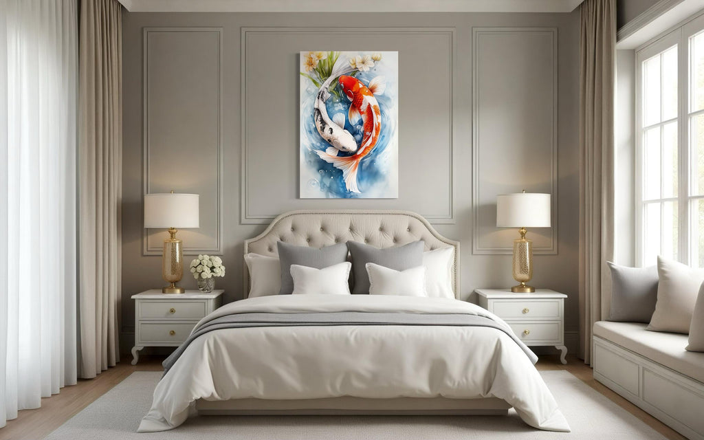 Yin Yang Red and White Koi Fish Swimming in Water Wall Art