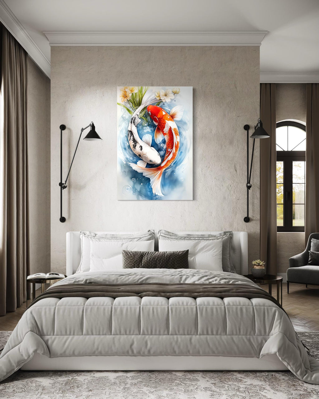 Yin Yang Red and White Koi Fish Swimming in Water Wall Art