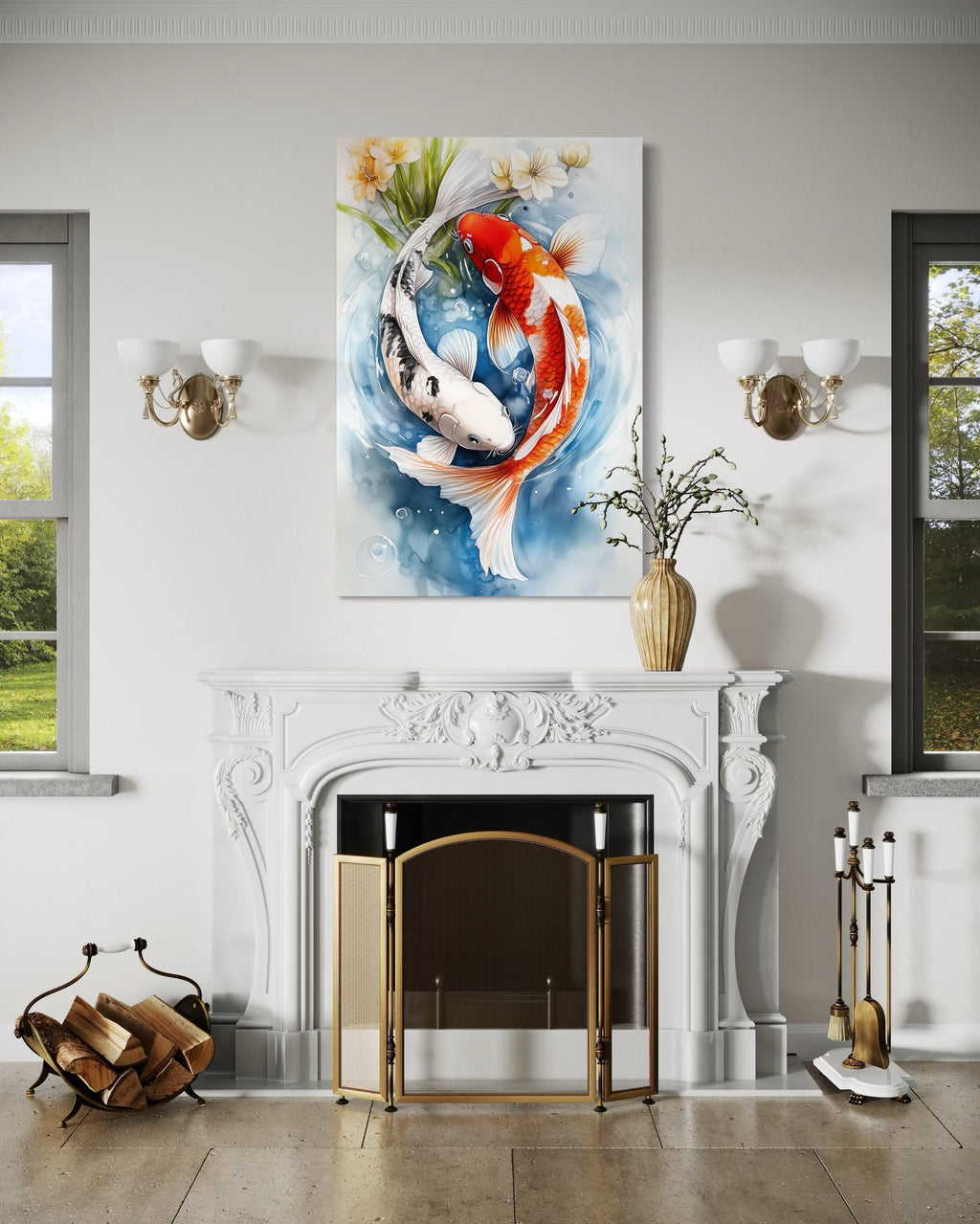 Yin Yang Red and White Koi Fish Swimming in Water Wall Art