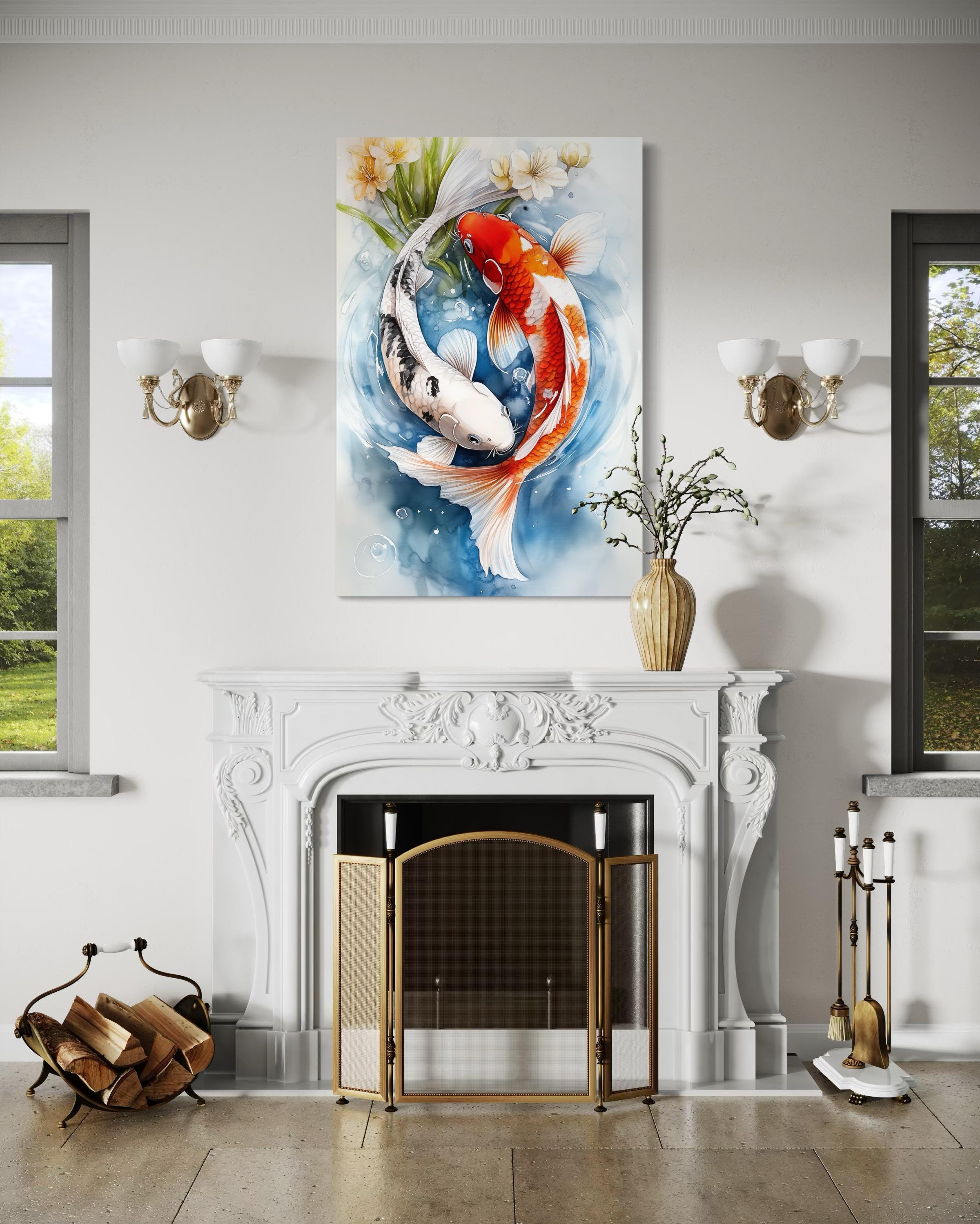 Yin Yang Red and White Koi Fish Swimming in Water Wall Art