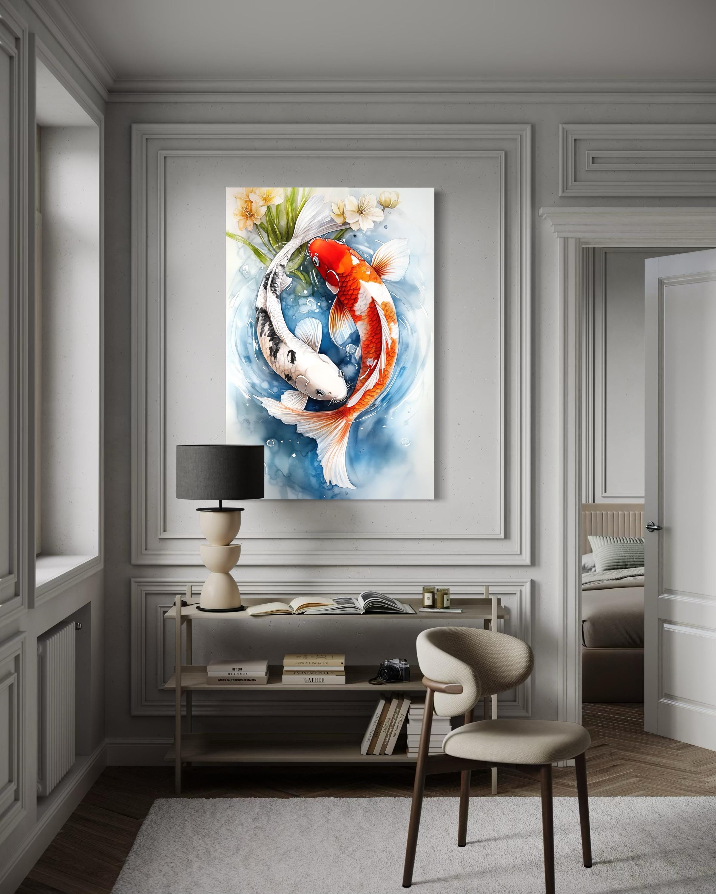 Yin Yang Red and White Koi Fish Swimming in Water Wall Art