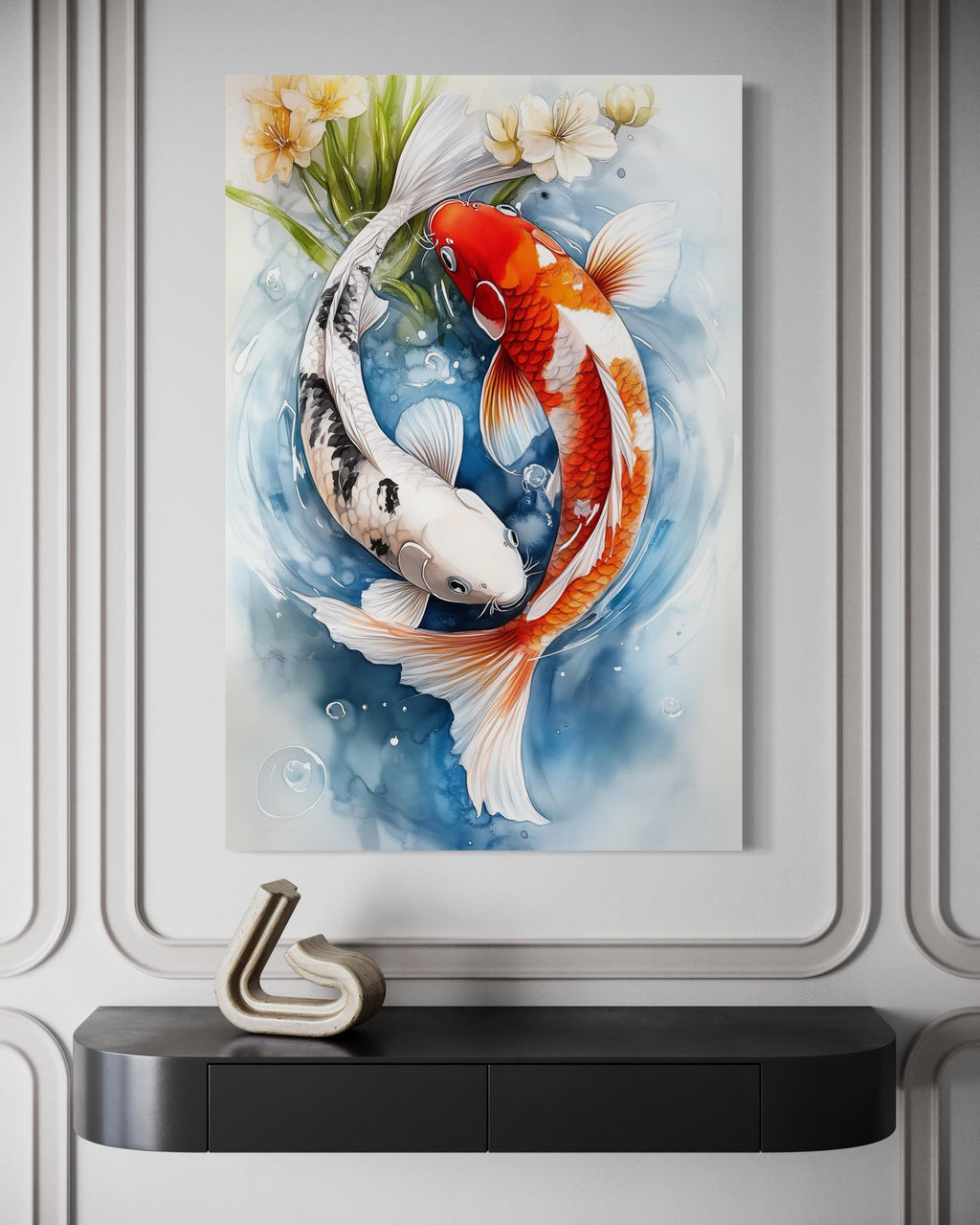 Yin Yang Red and White Koi Fish Swimming in Water Wall Art