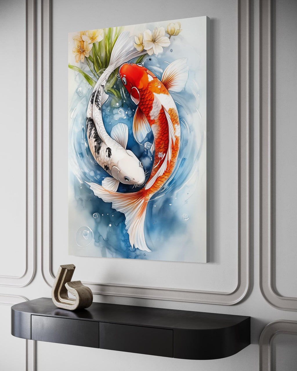 Yin Yang Red and White Koi Fish Swimming in Water Wall Art