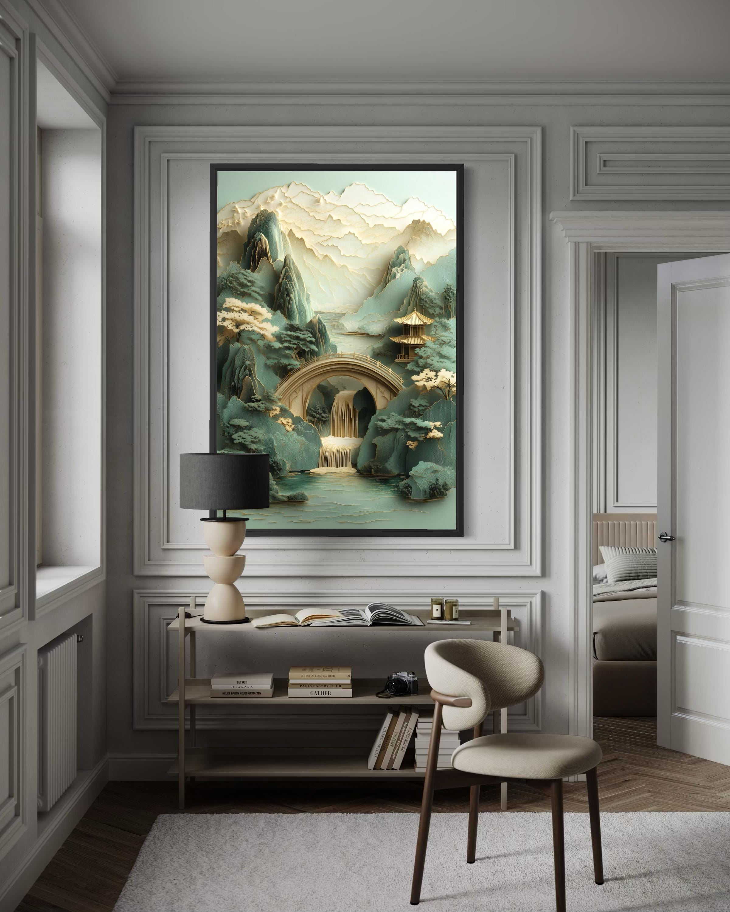 Zen Japanese Garden Pagoda And Waterfall Canvas Wall Art