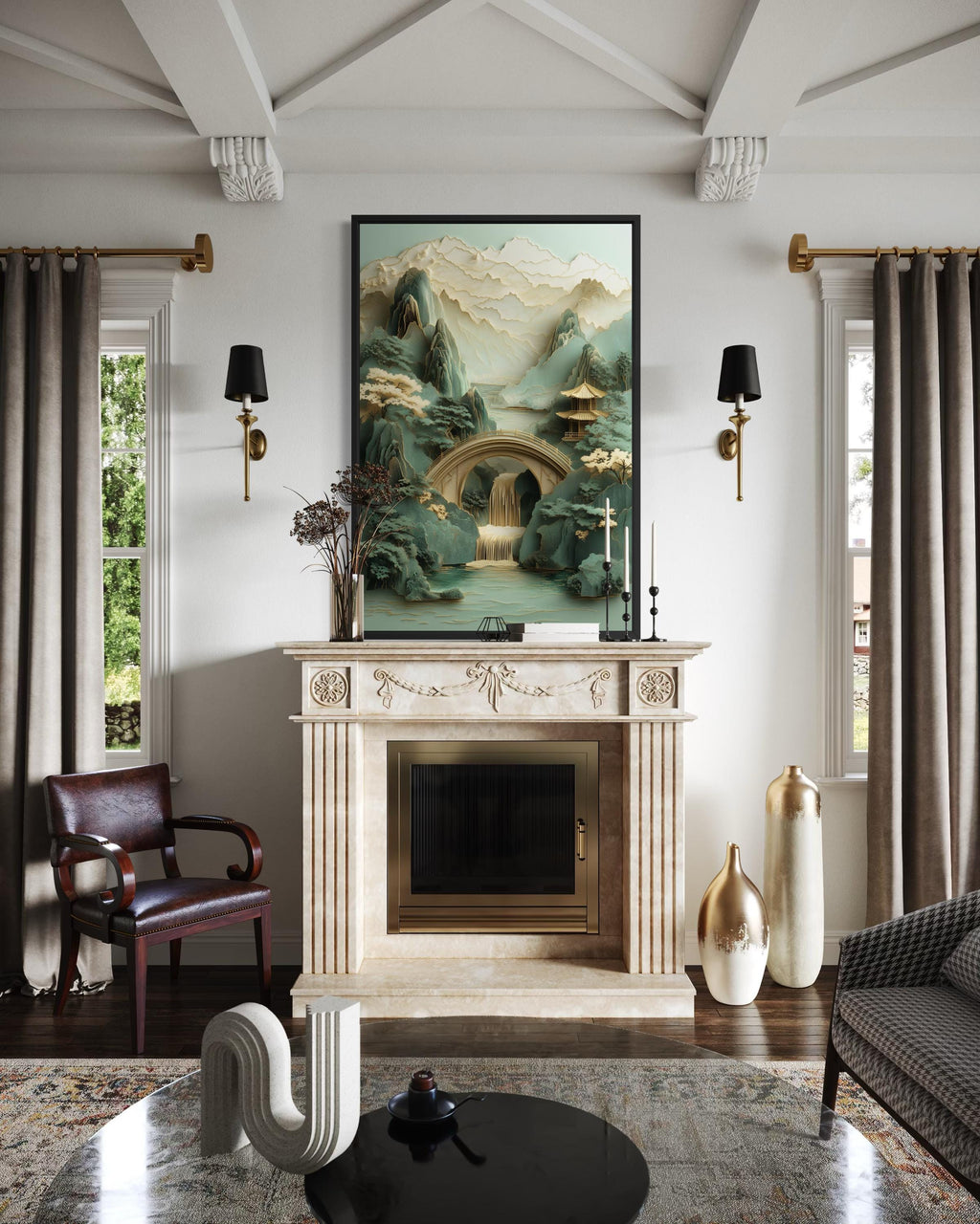 Zen Japanese Garden Pagoda And Waterfall Canvas Wall Art